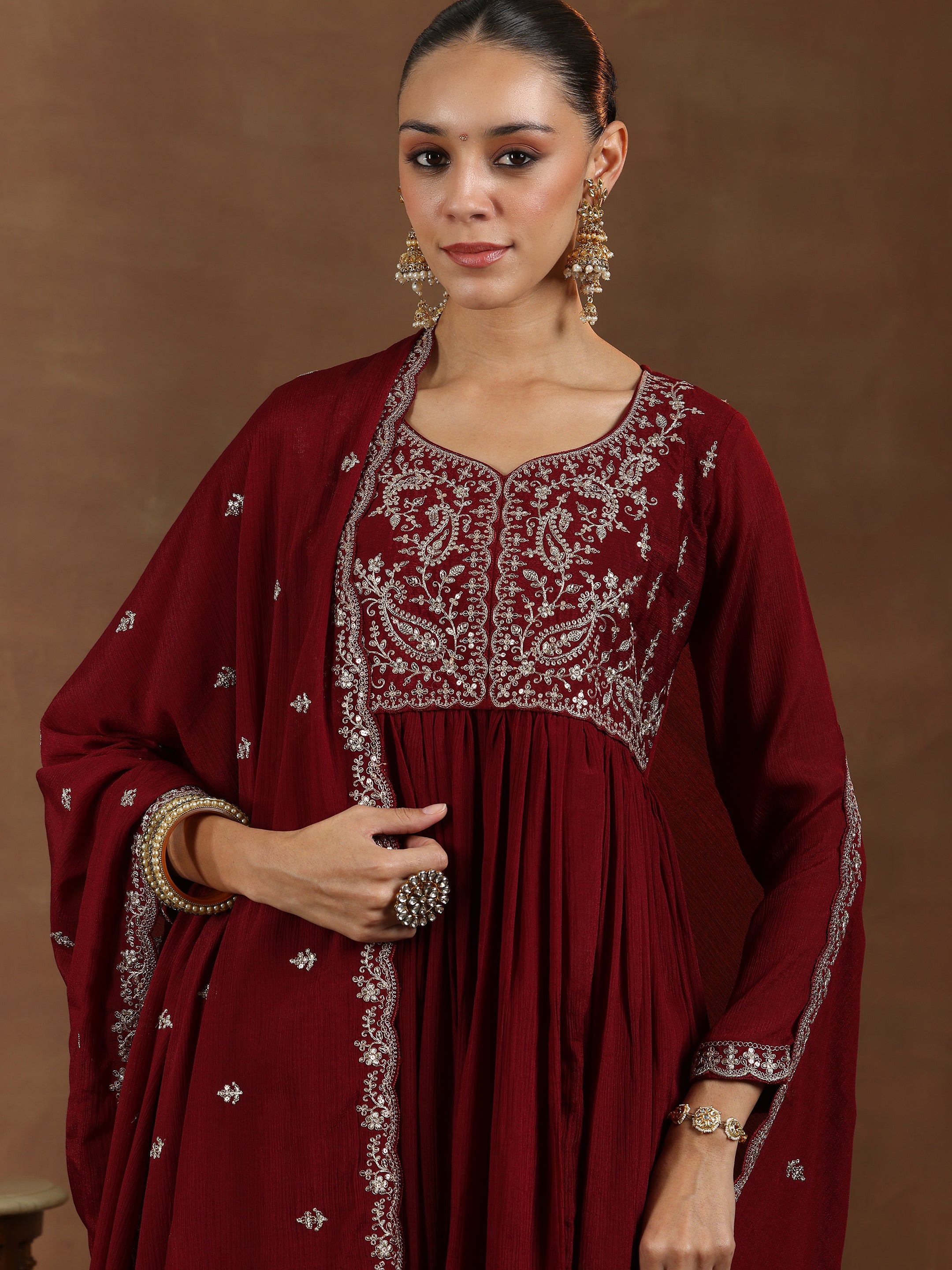 Maroon Yoke Design Silk Blend A-Line Kurta With Trousers & Dupatta