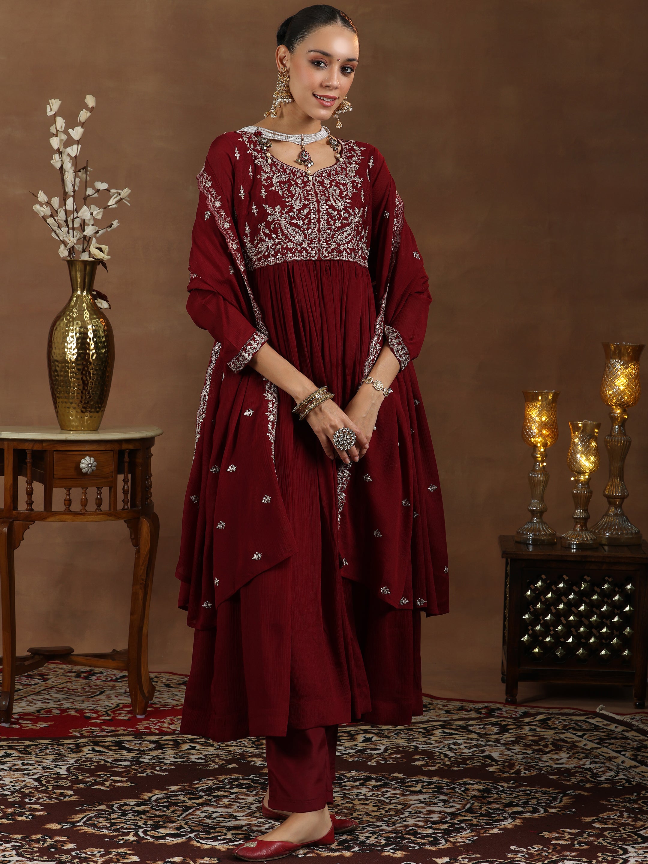 Maroon Yoke Design Silk Blend A-Line Kurta With Trousers & Dupatta