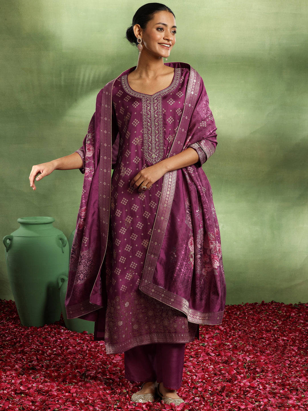 Magenta Printed Silk Blend Straight Suit With Dupatta