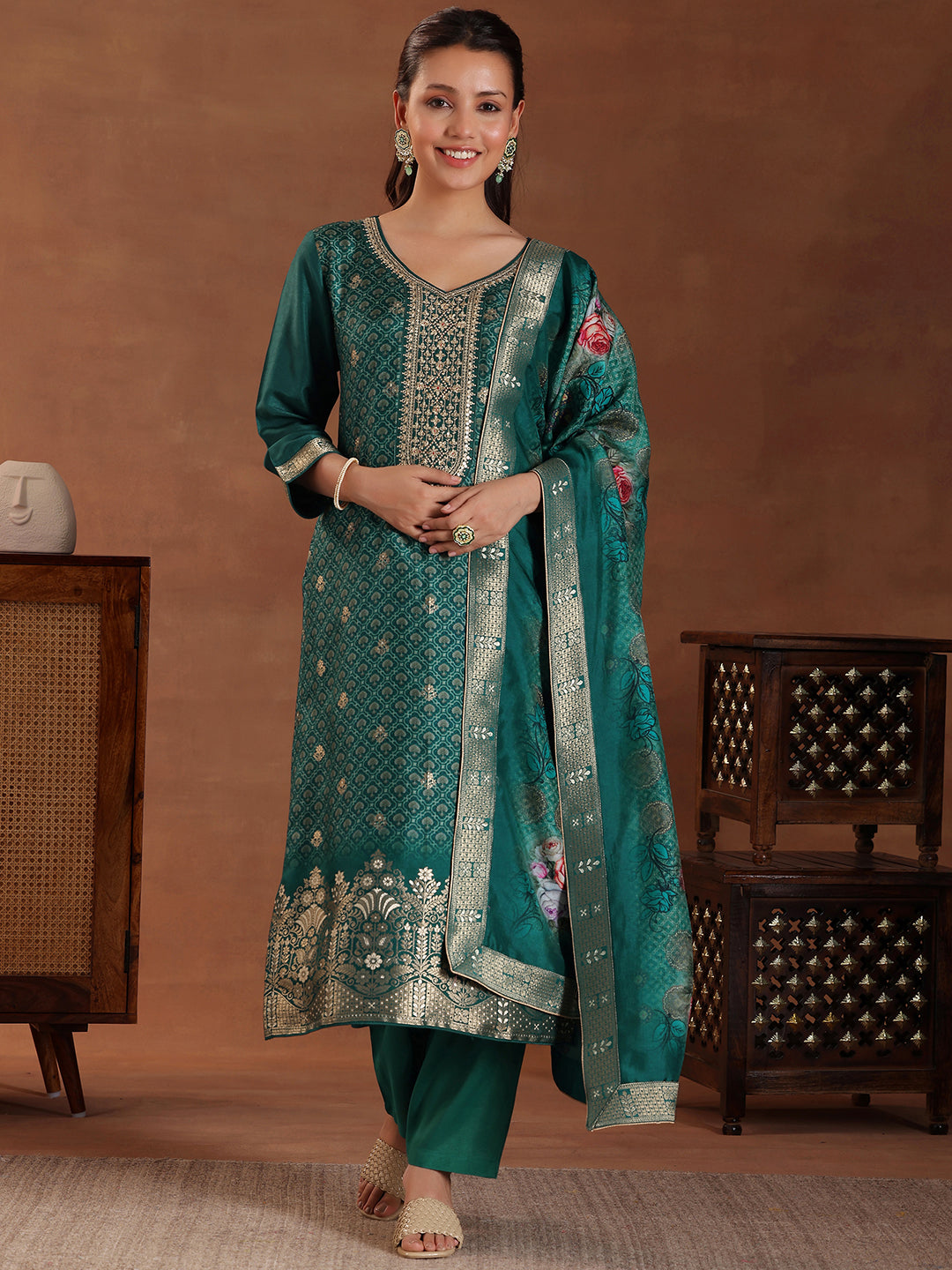 Teal Printed Silk Blend Straight Suit With Dupatta