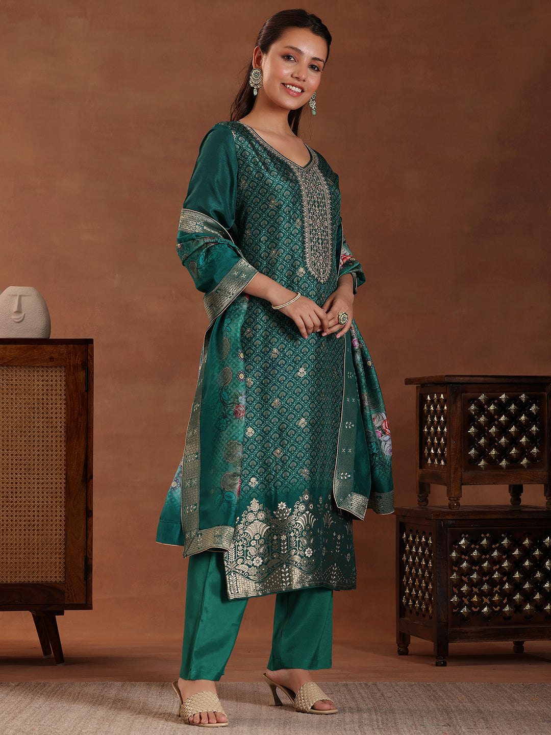 Teal Printed Silk Blend Straight Suit With Dupatta