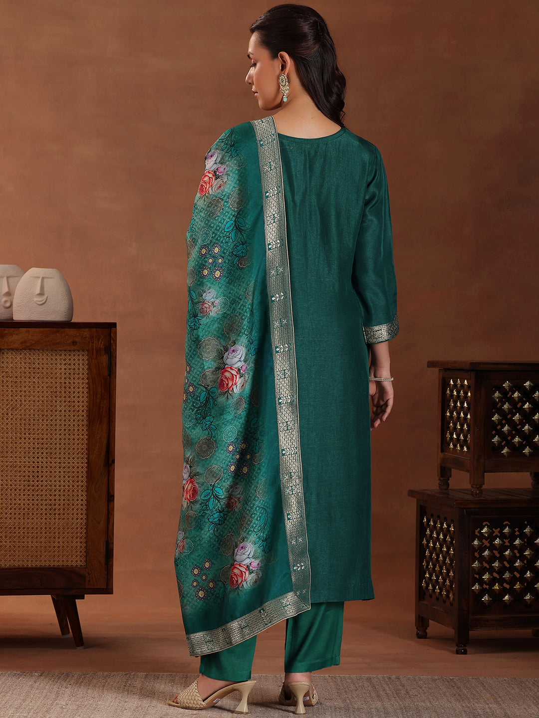 Teal Printed Silk Blend Straight Suit With Dupatta