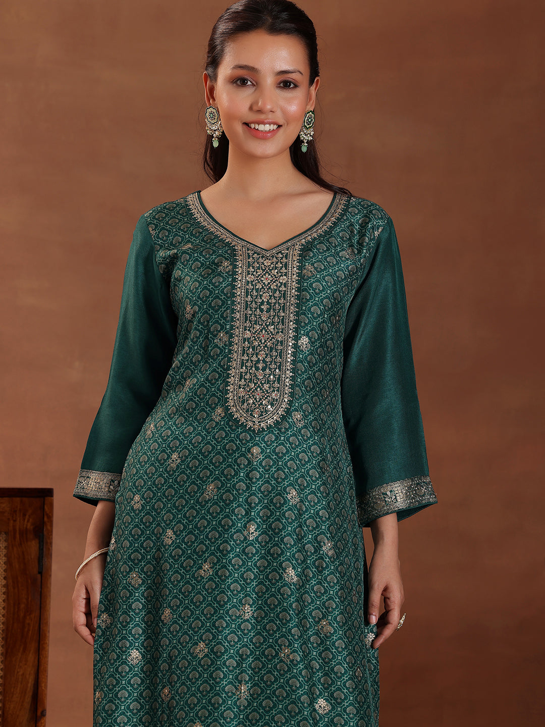 Teal Printed Silk Blend Straight Suit With Dupatta