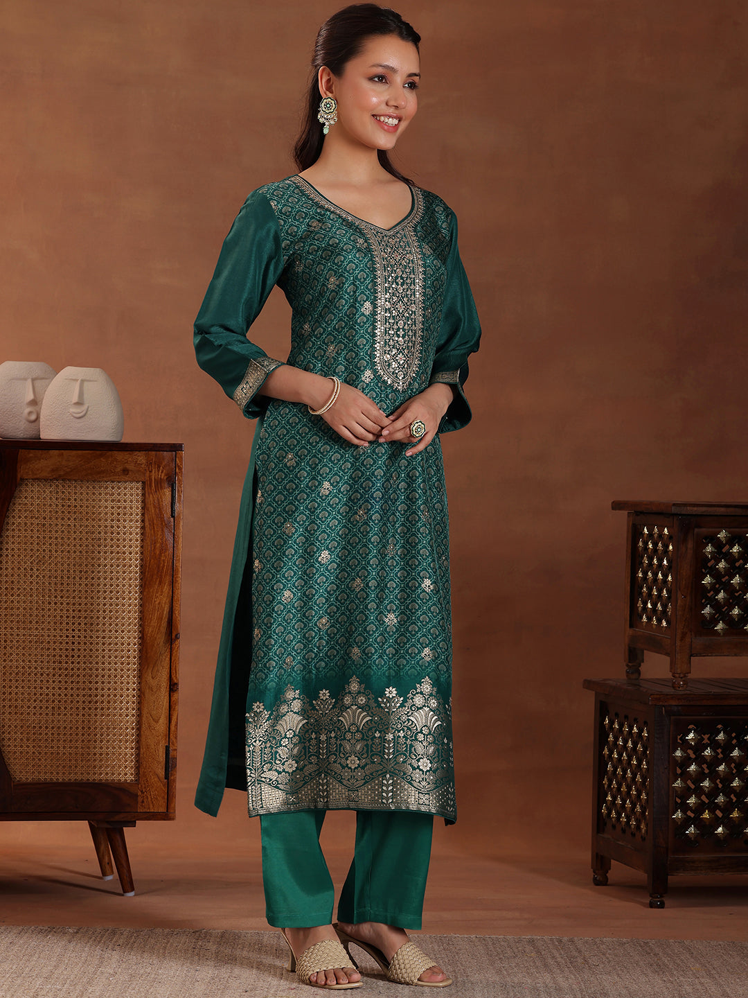 Teal Printed Silk Blend Straight Suit With Dupatta