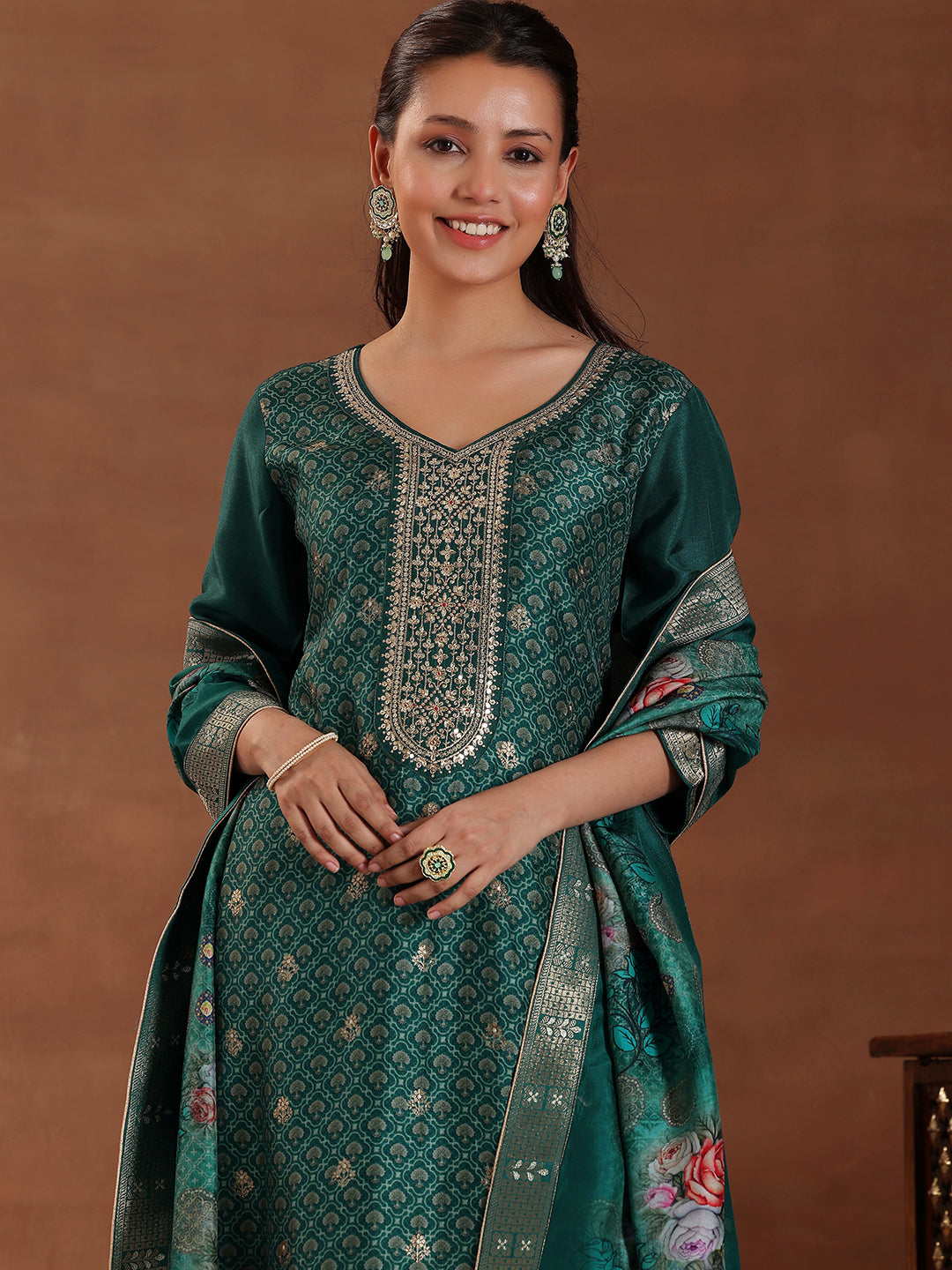 Teal Printed Silk Blend Straight Suit With Dupatta