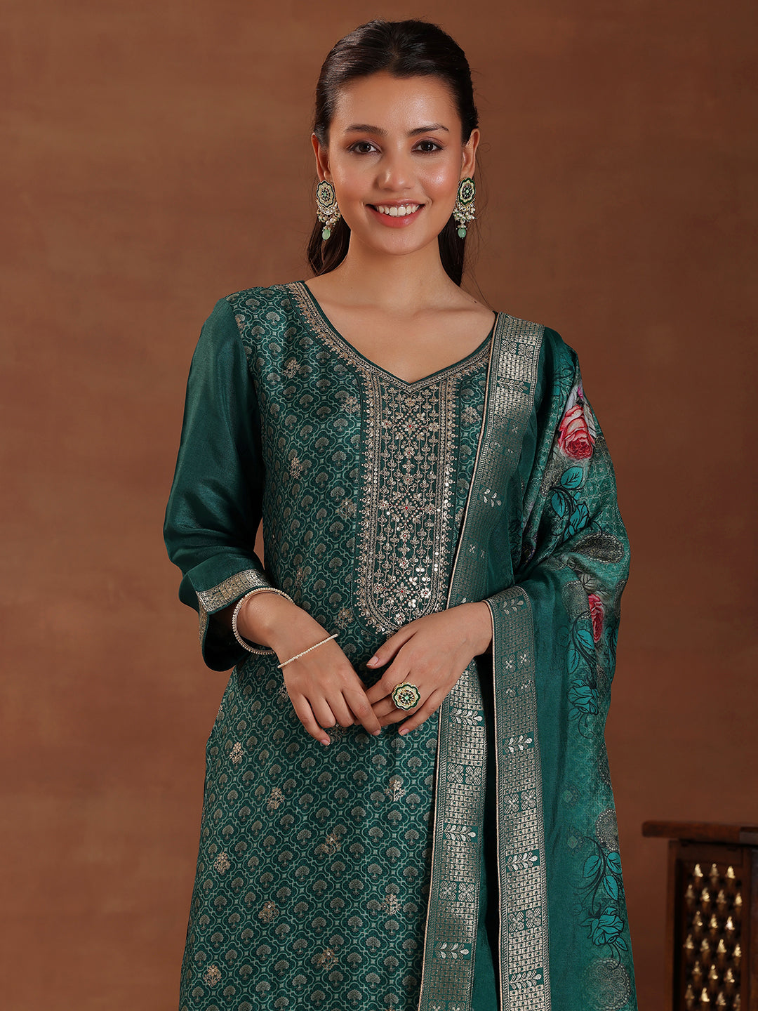 Teal Printed Silk Blend Straight Suit With Dupatta