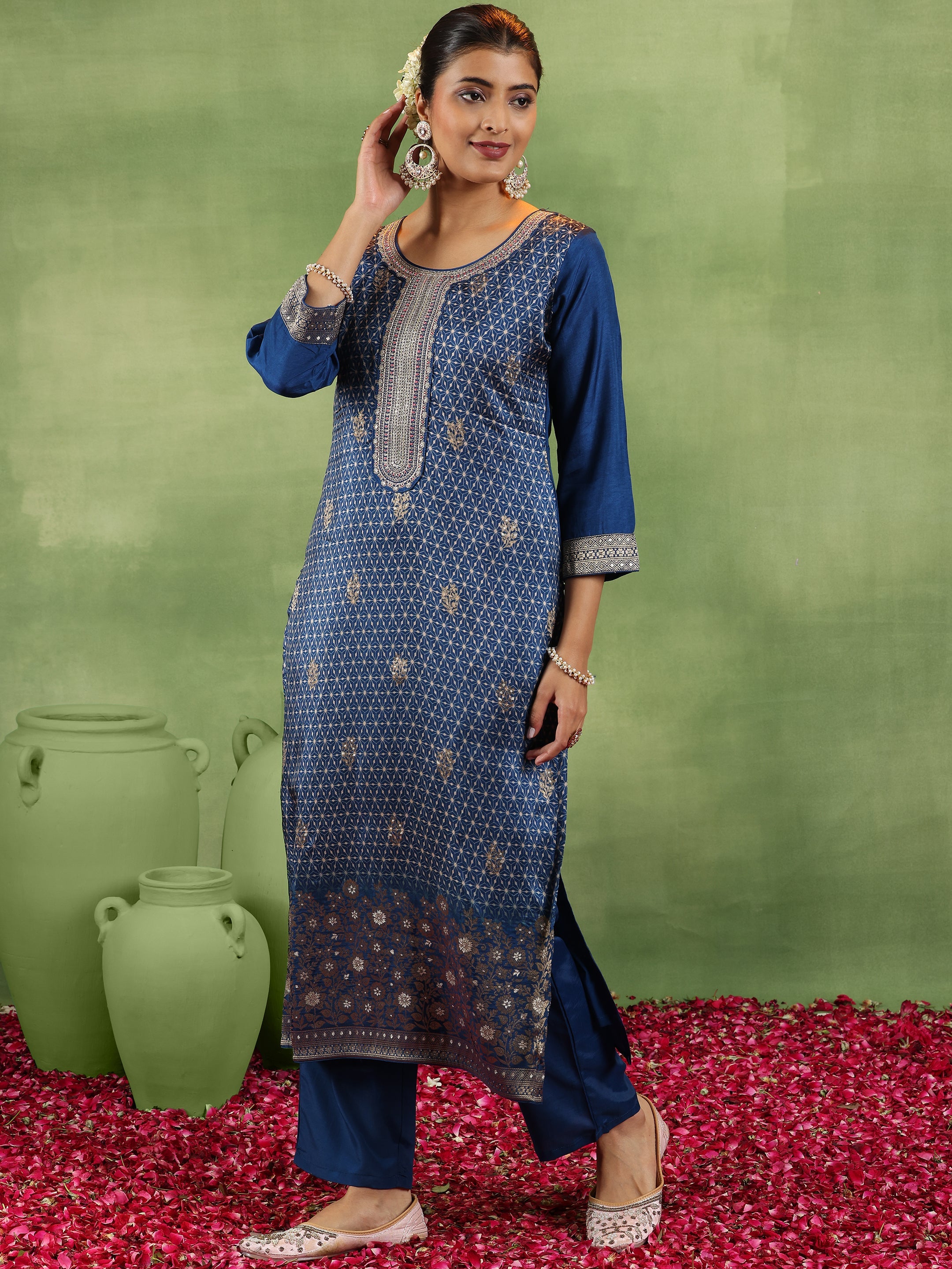 Blue Printed Silk Blend Straight Suit With Dupatta