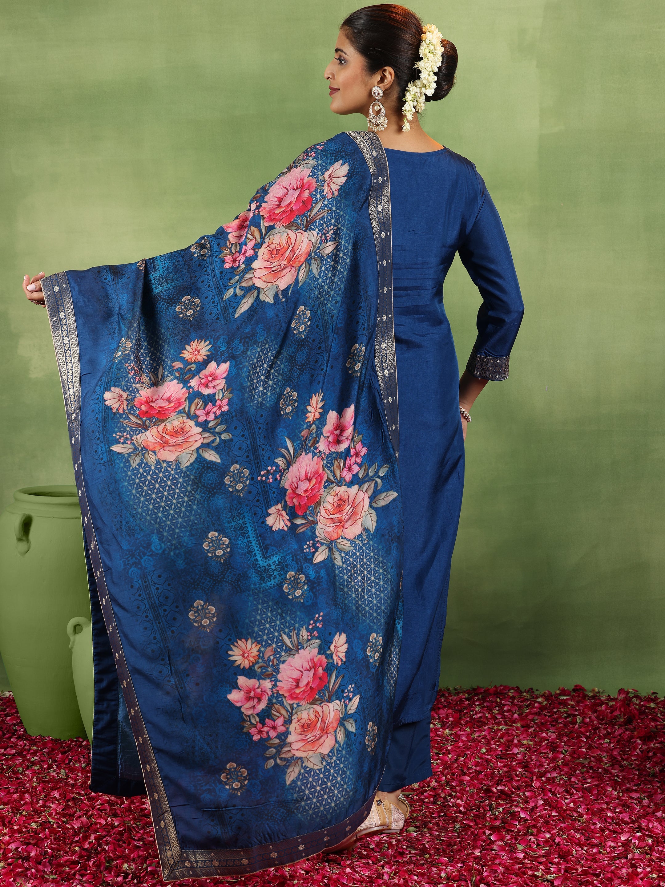 Blue Printed Silk Blend Straight Suit With Dupatta