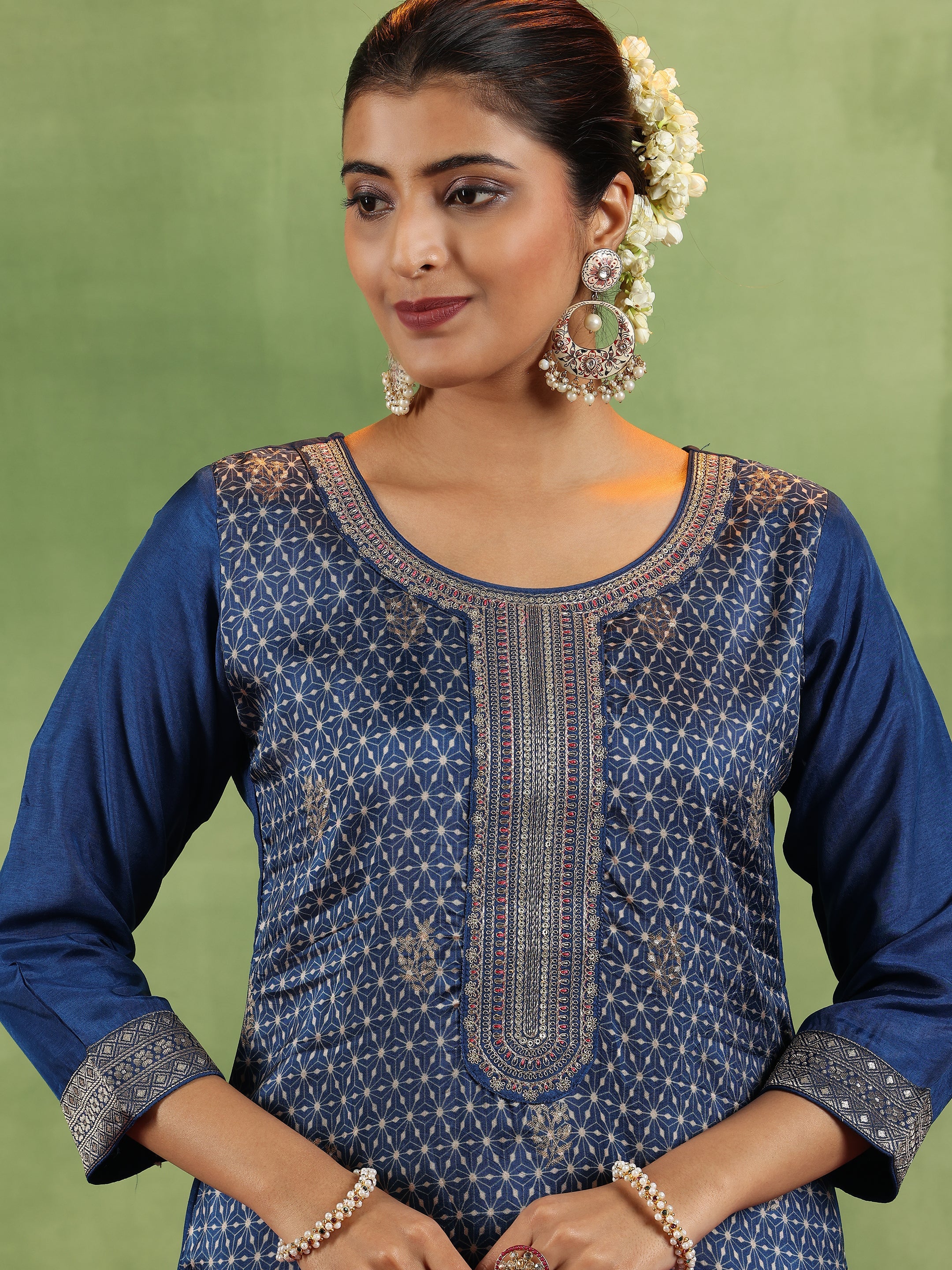 Blue Printed Silk Blend Straight Suit With Dupatta