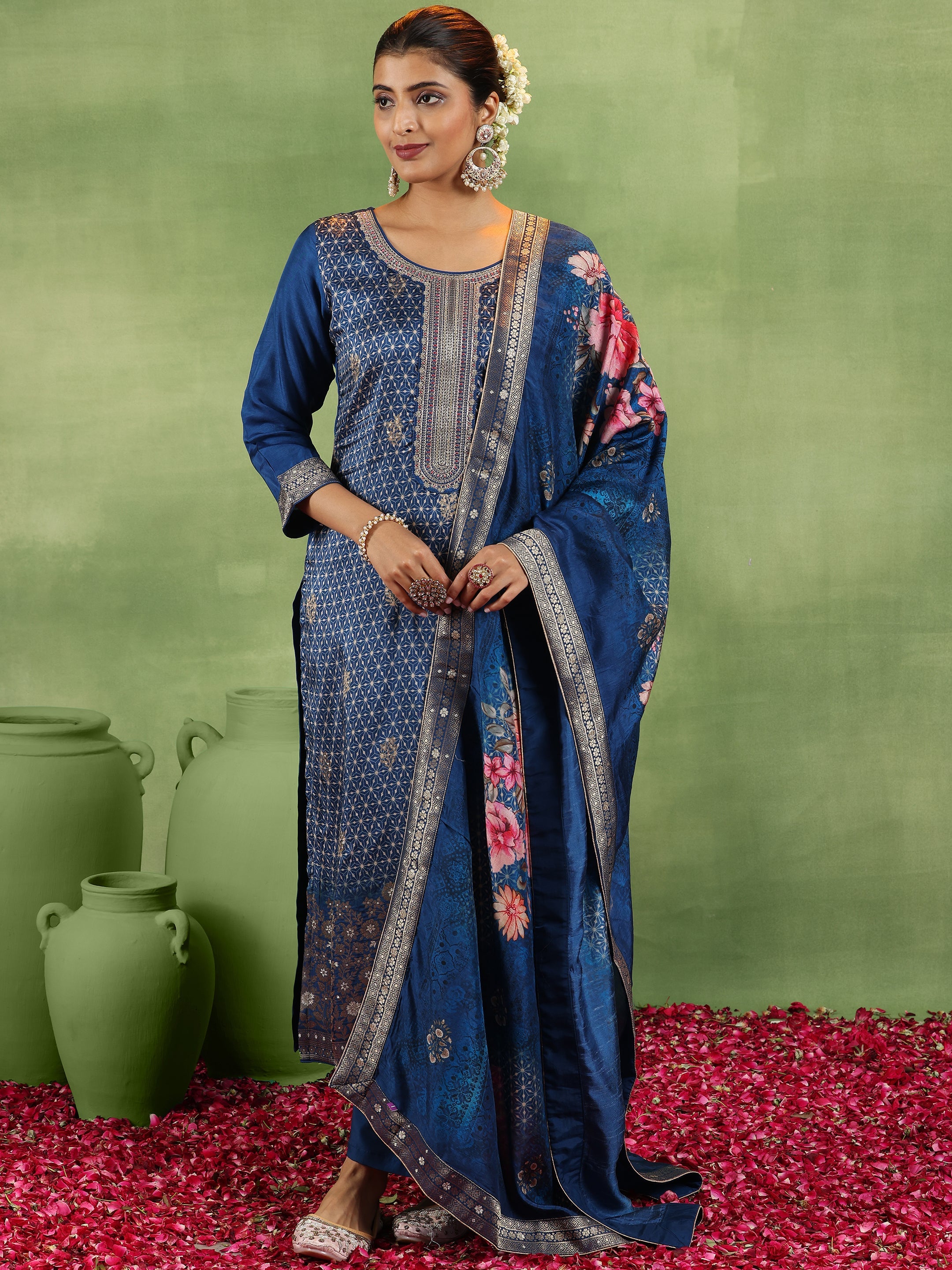 Blue Printed Silk Blend Straight Suit With Dupatta