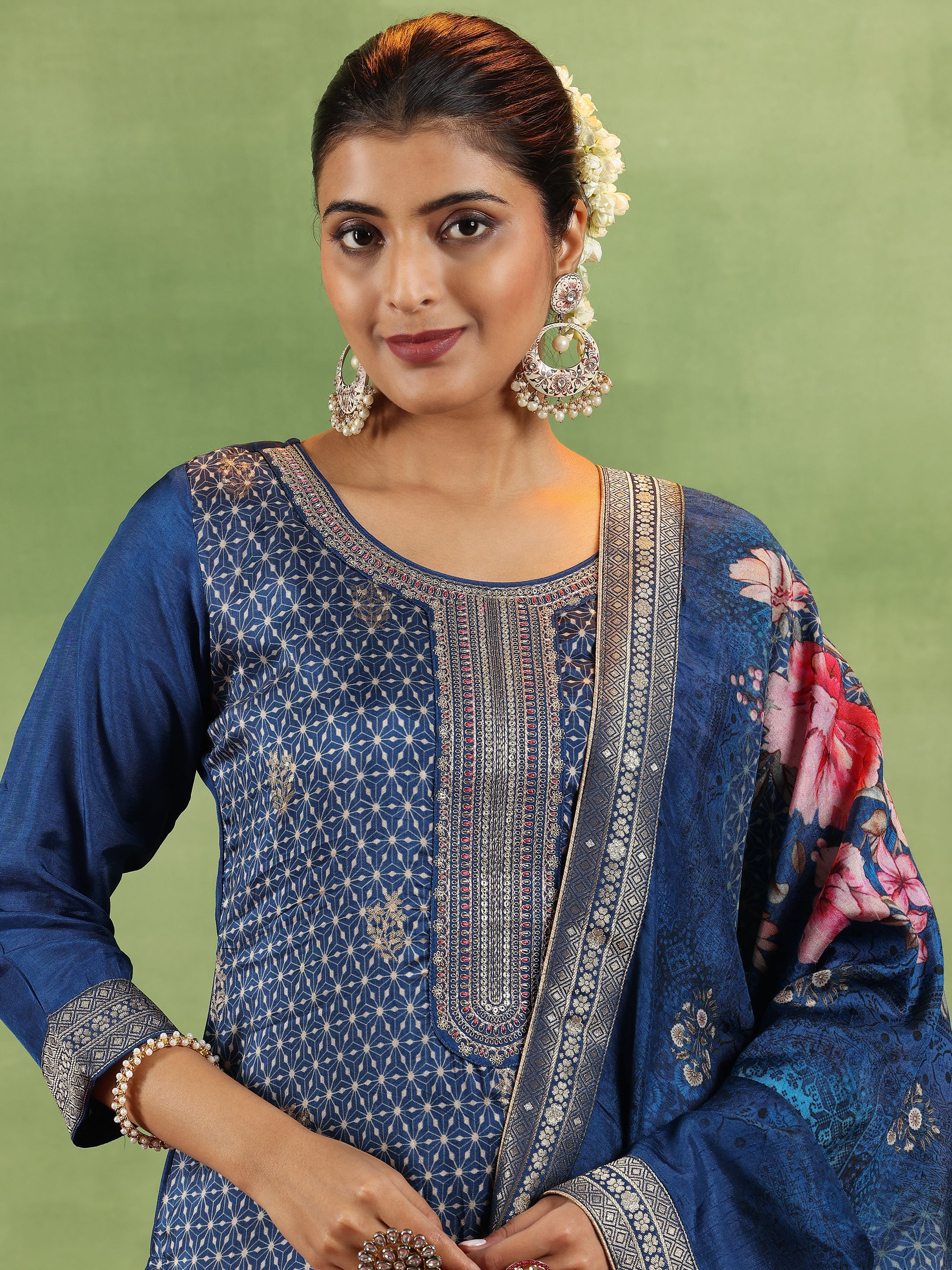 Blue Printed Silk Blend Straight Suit With Dupatta