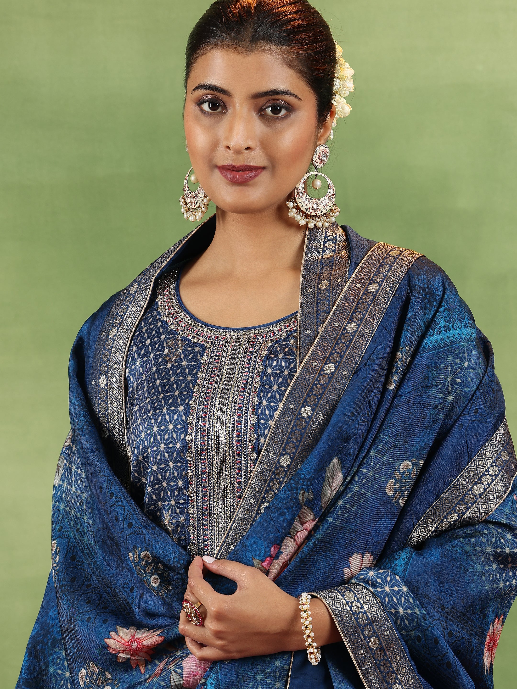 Blue Printed Silk Blend Straight Suit With Dupatta