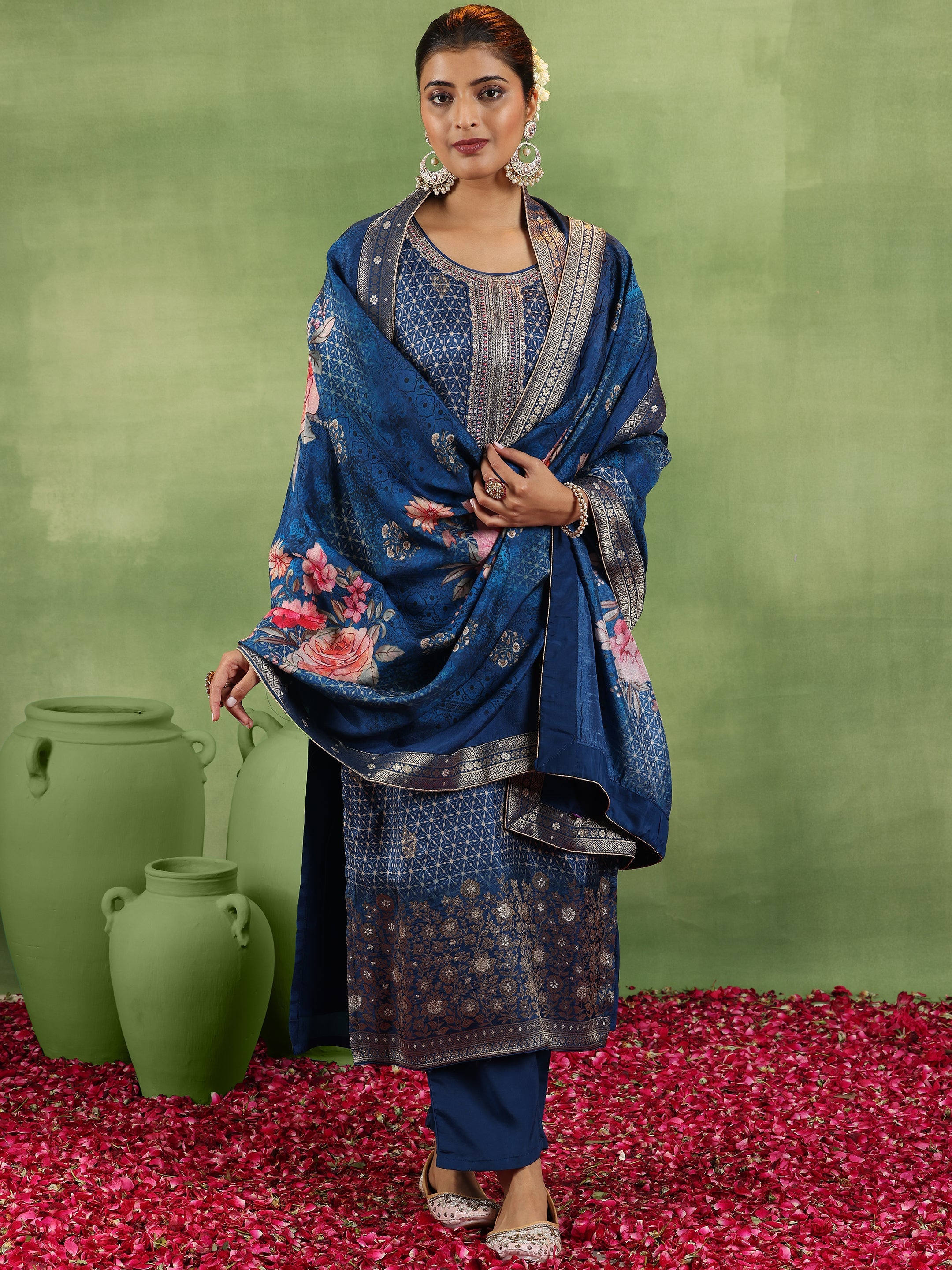 Blue Printed Silk Blend Straight Suit With Dupatta