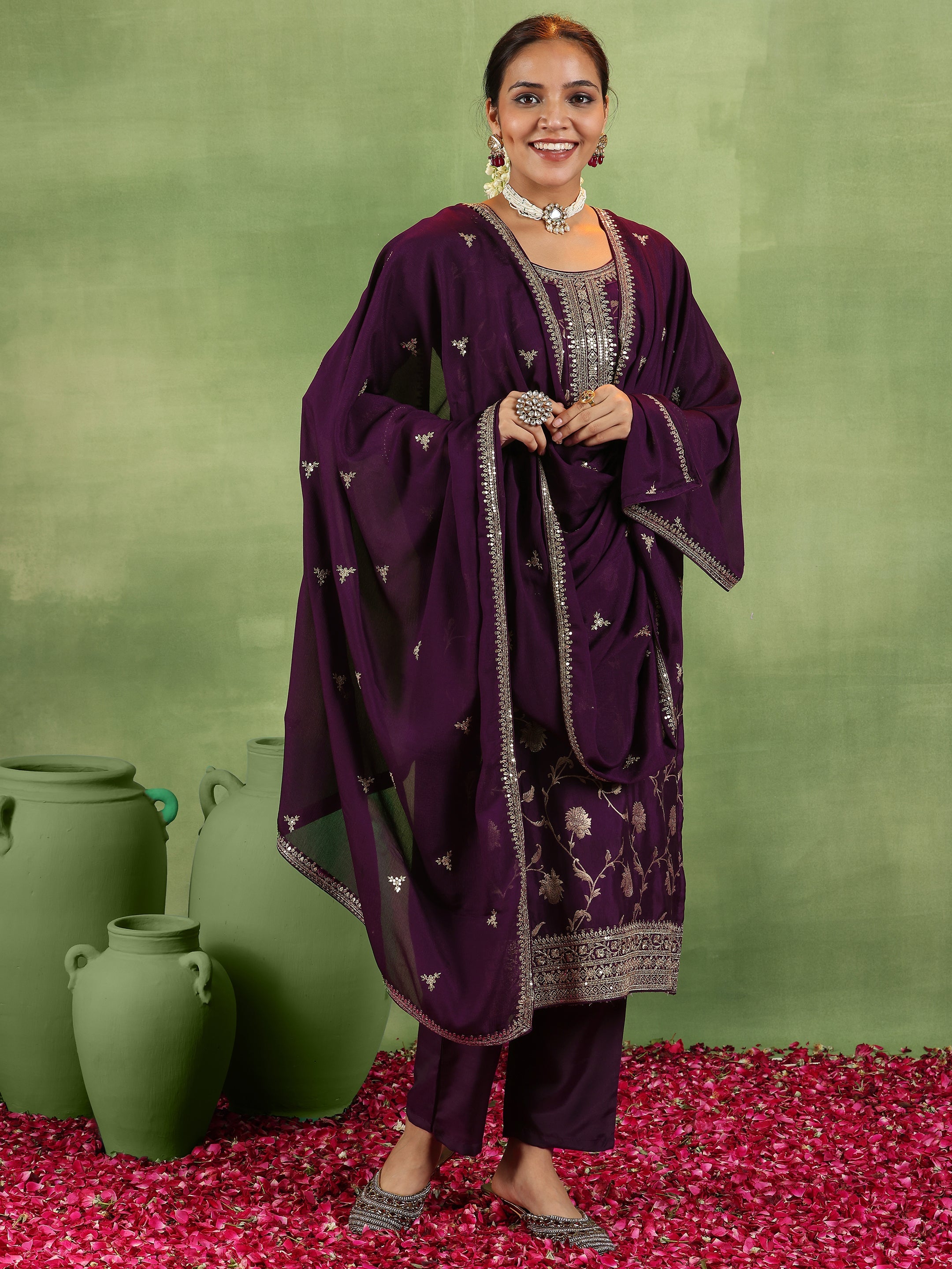 Wine Woven Design Silk Blend Straight Suit With Dupatta