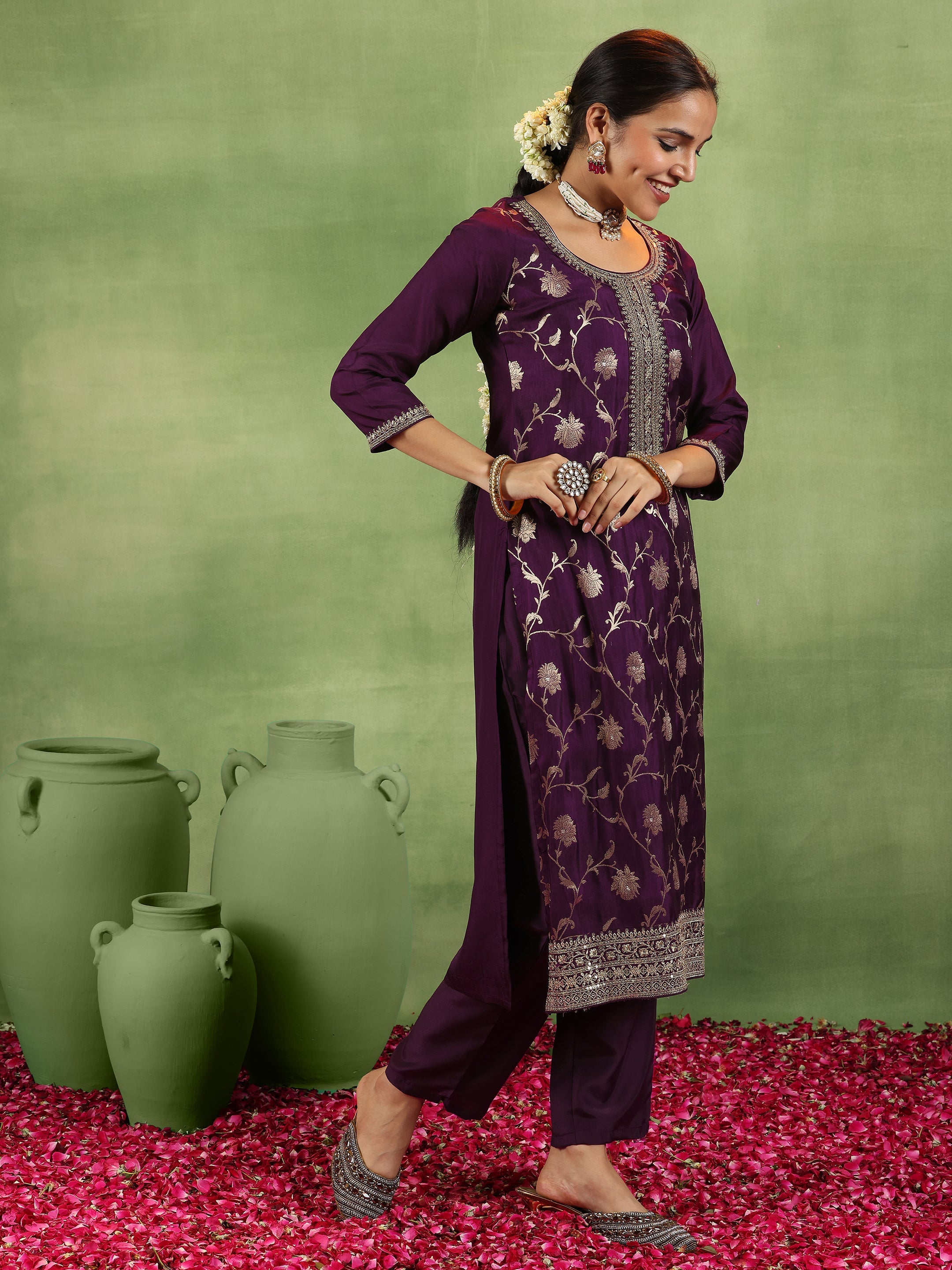 Wine Woven Design Silk Blend Straight Suit With Dupatta