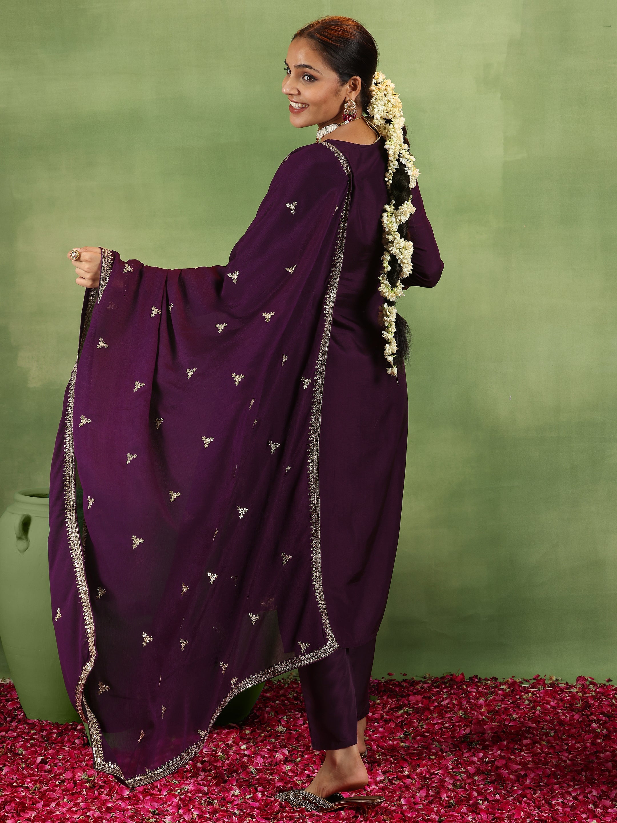 Wine Woven Design Silk Blend Straight Suit With Dupatta