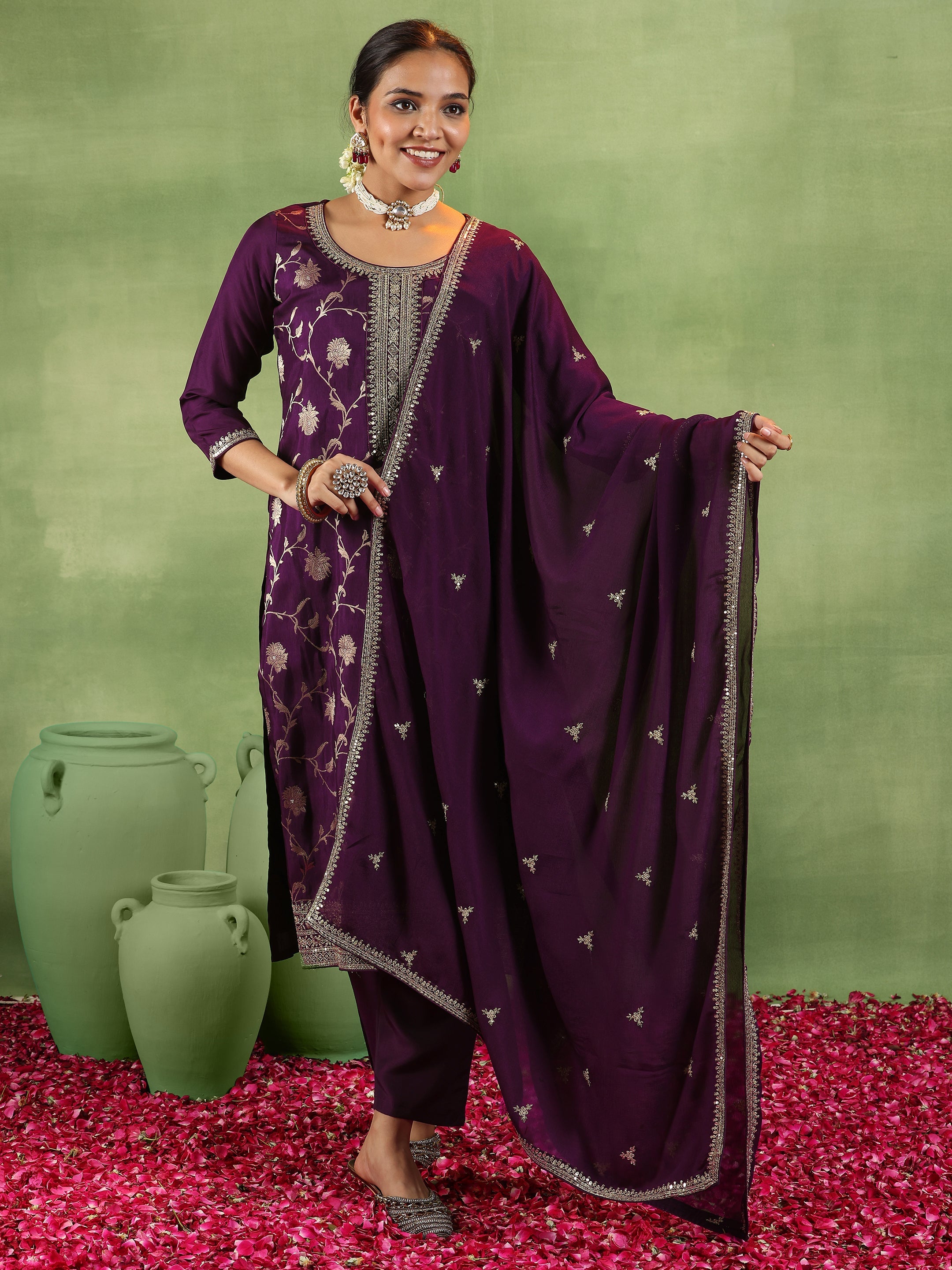 Wine Woven Design Silk Blend Straight Suit With Dupatta