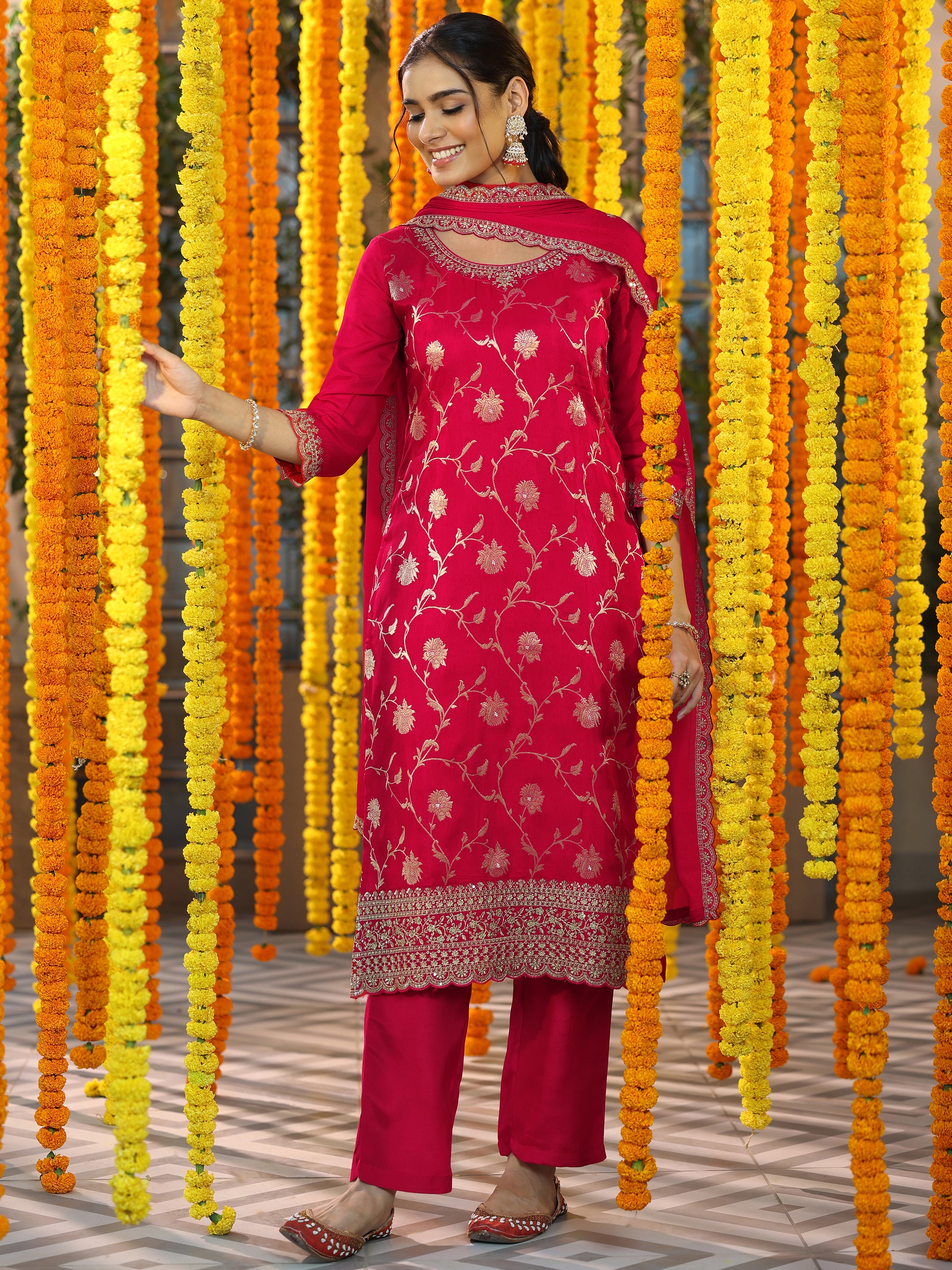 Red Woven Design Silk Blend Straight Suit With Dupatta