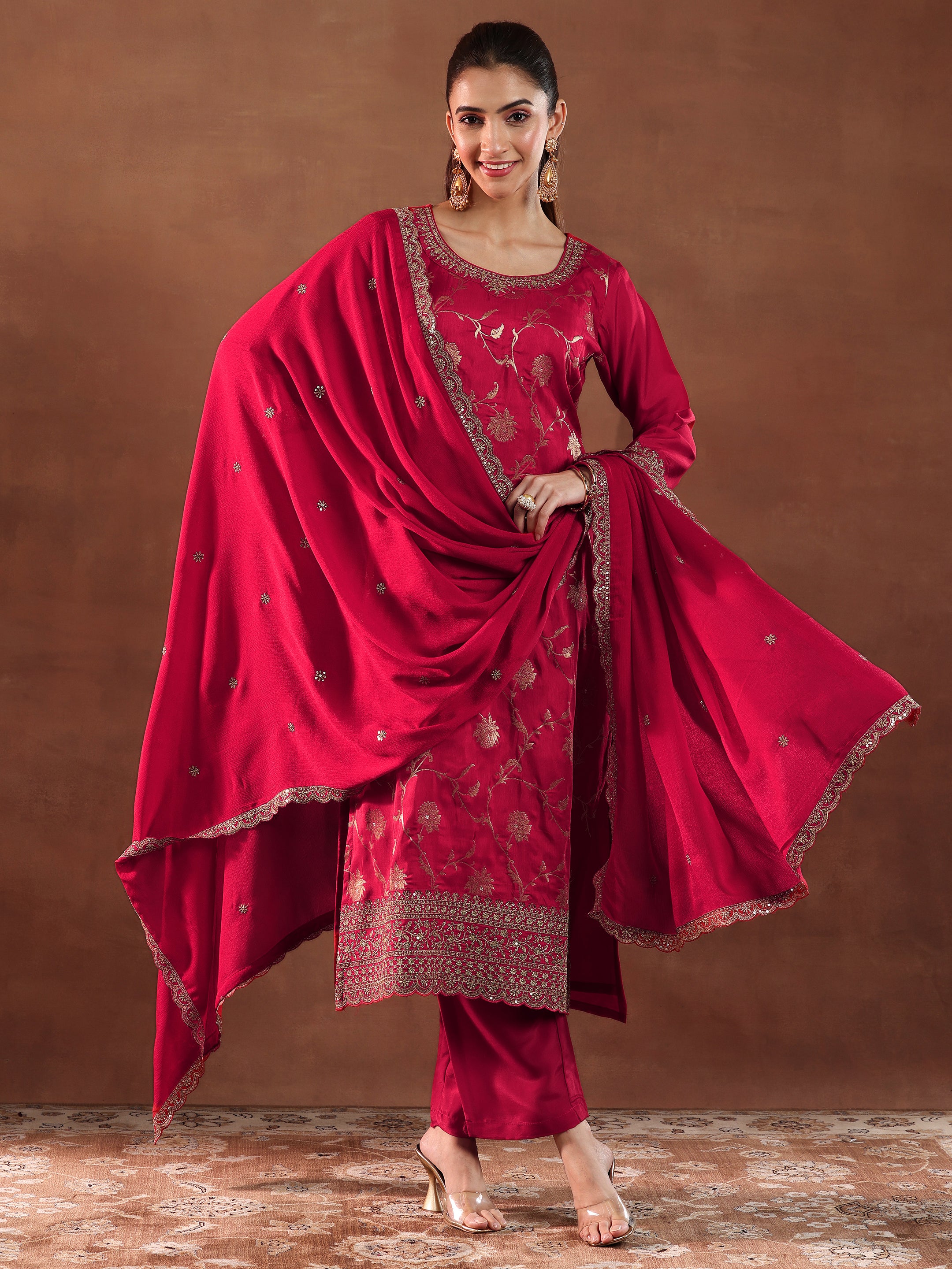 Red Woven Design Silk Blend Straight Suit With Dupatta