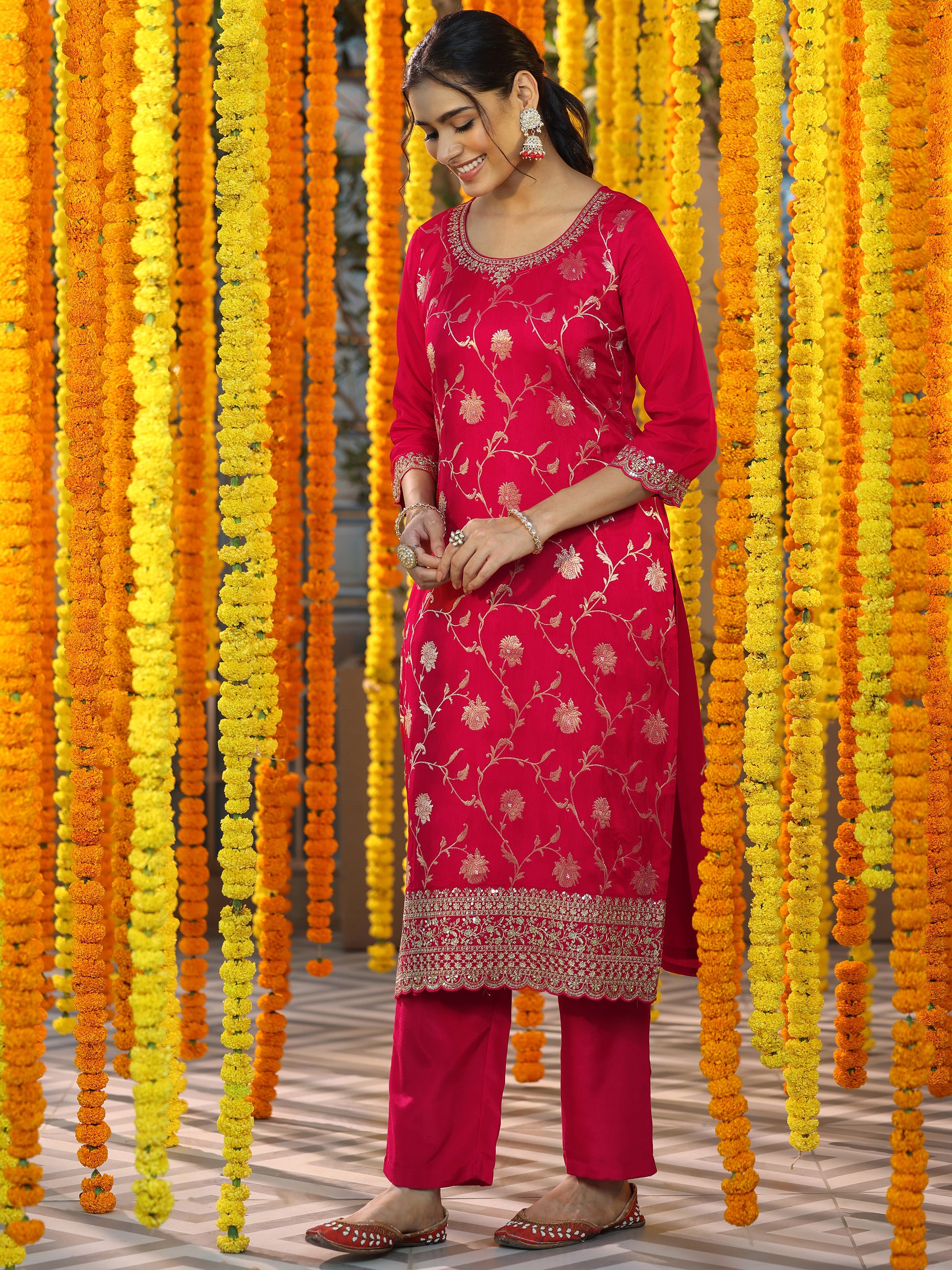 Red Woven Design Silk Blend Straight Suit With Dupatta