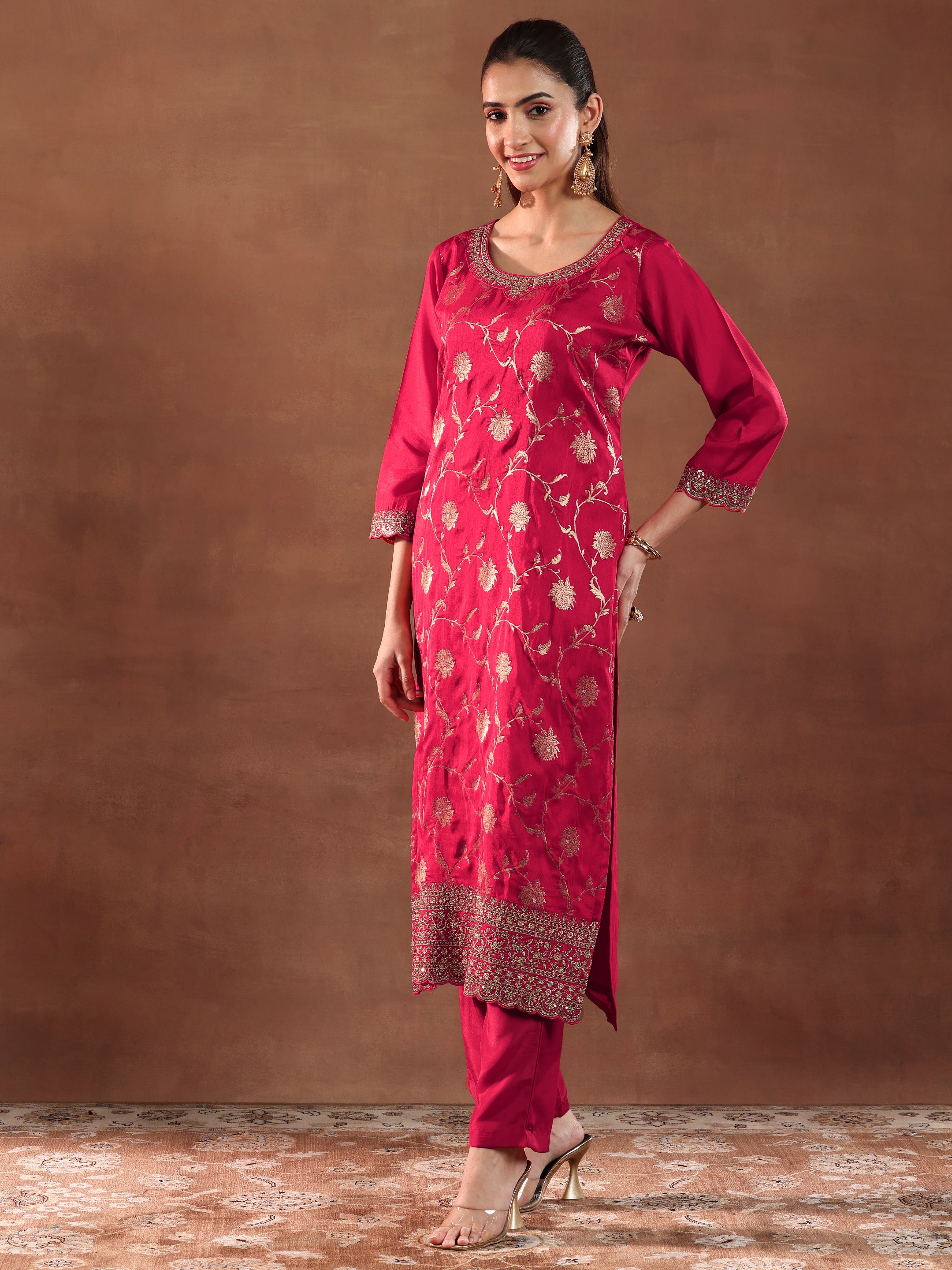 Red Woven Design Silk Blend Straight Suit With Dupatta