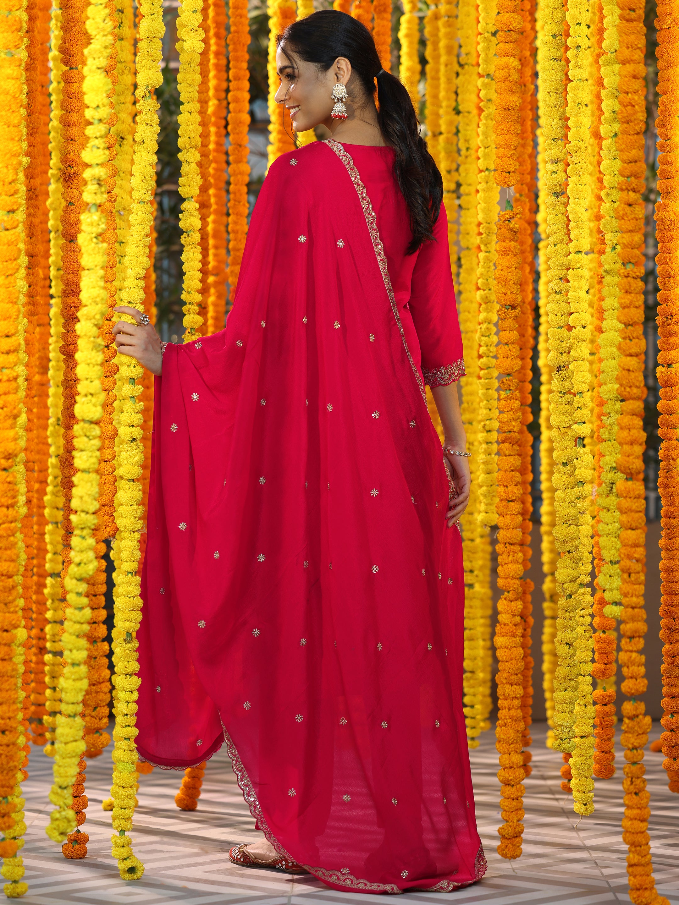 Red Woven Design Silk Blend Straight Suit With Dupatta