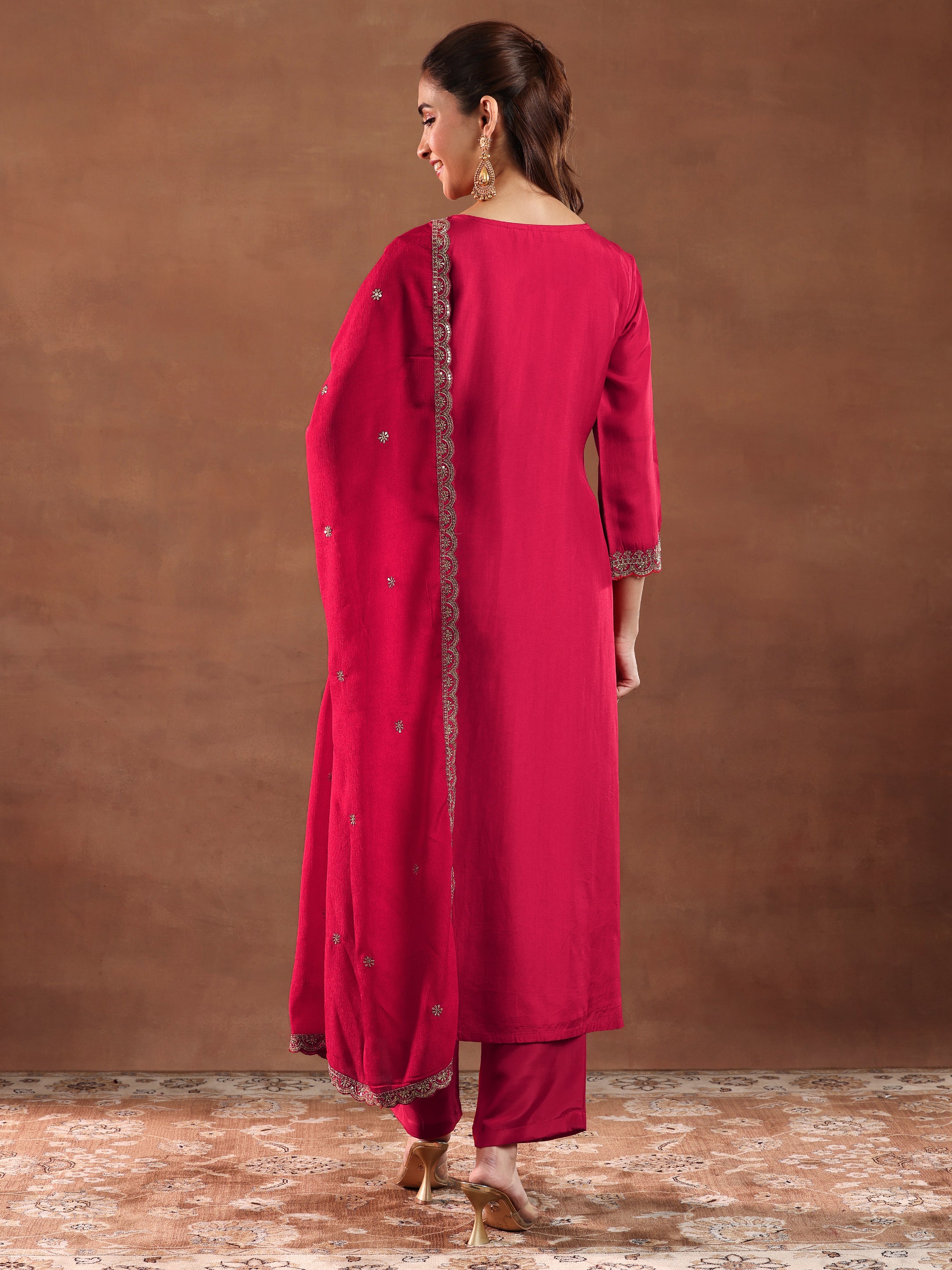 Red Woven Design Silk Blend Straight Suit With Dupatta