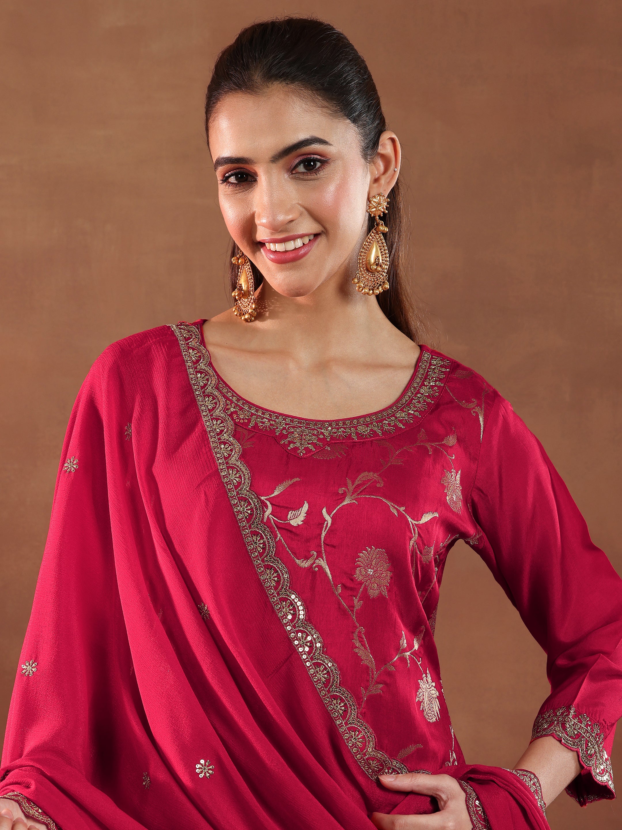 Red Woven Design Silk Blend Straight Suit With Dupatta