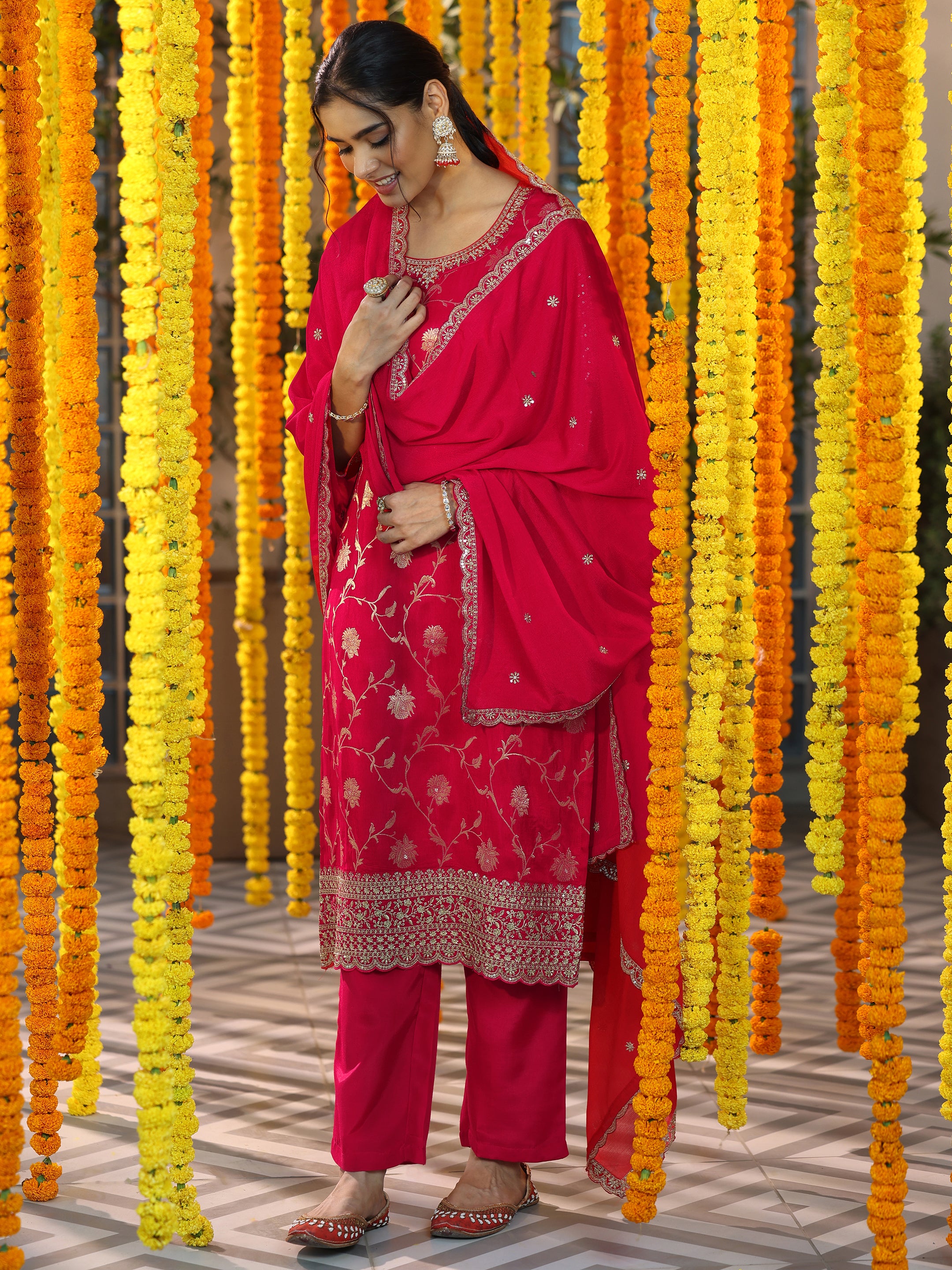 Red Woven Design Silk Blend Straight Suit With Dupatta