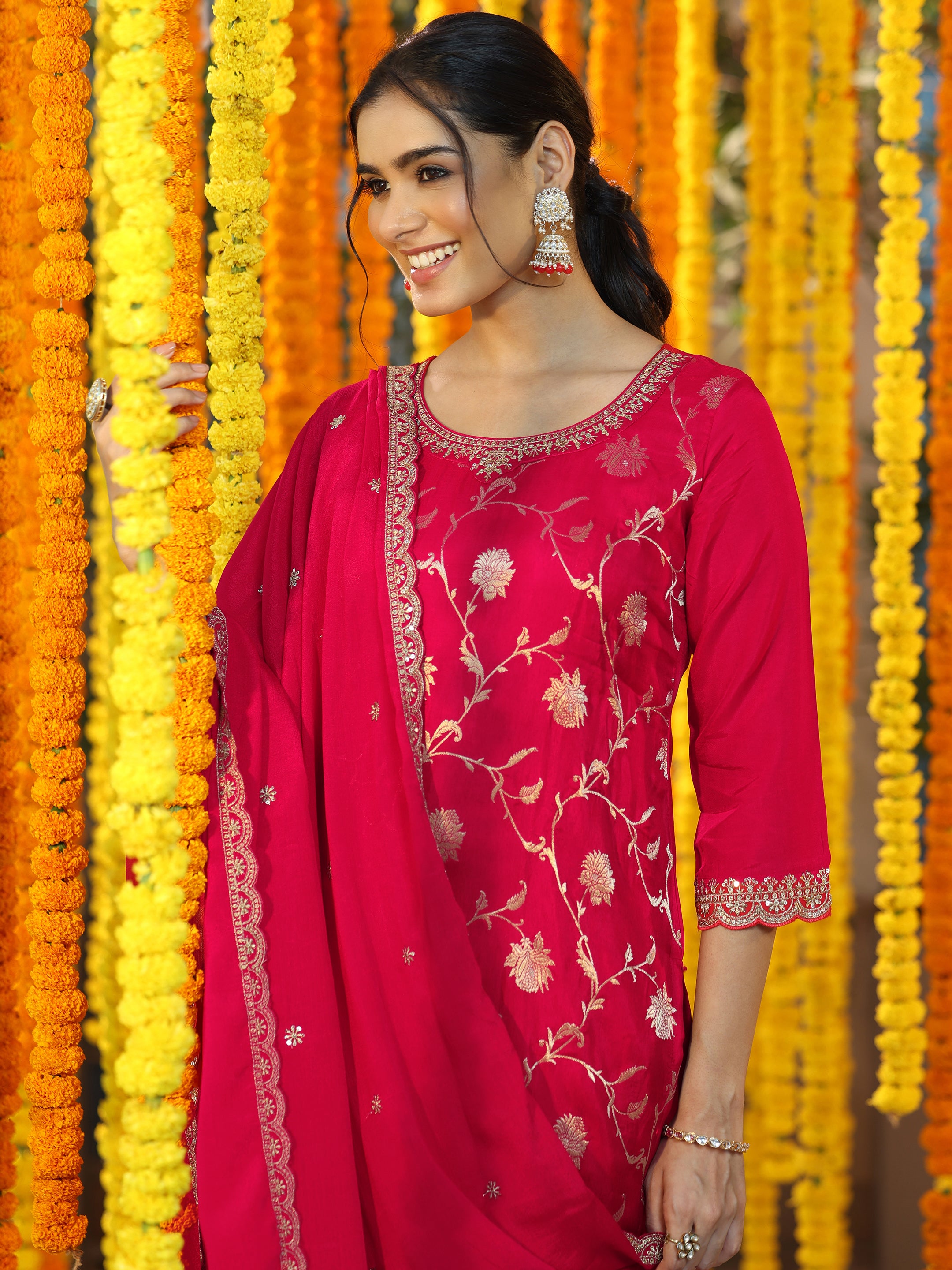 Red Woven Design Silk Blend Straight Suit With Dupatta