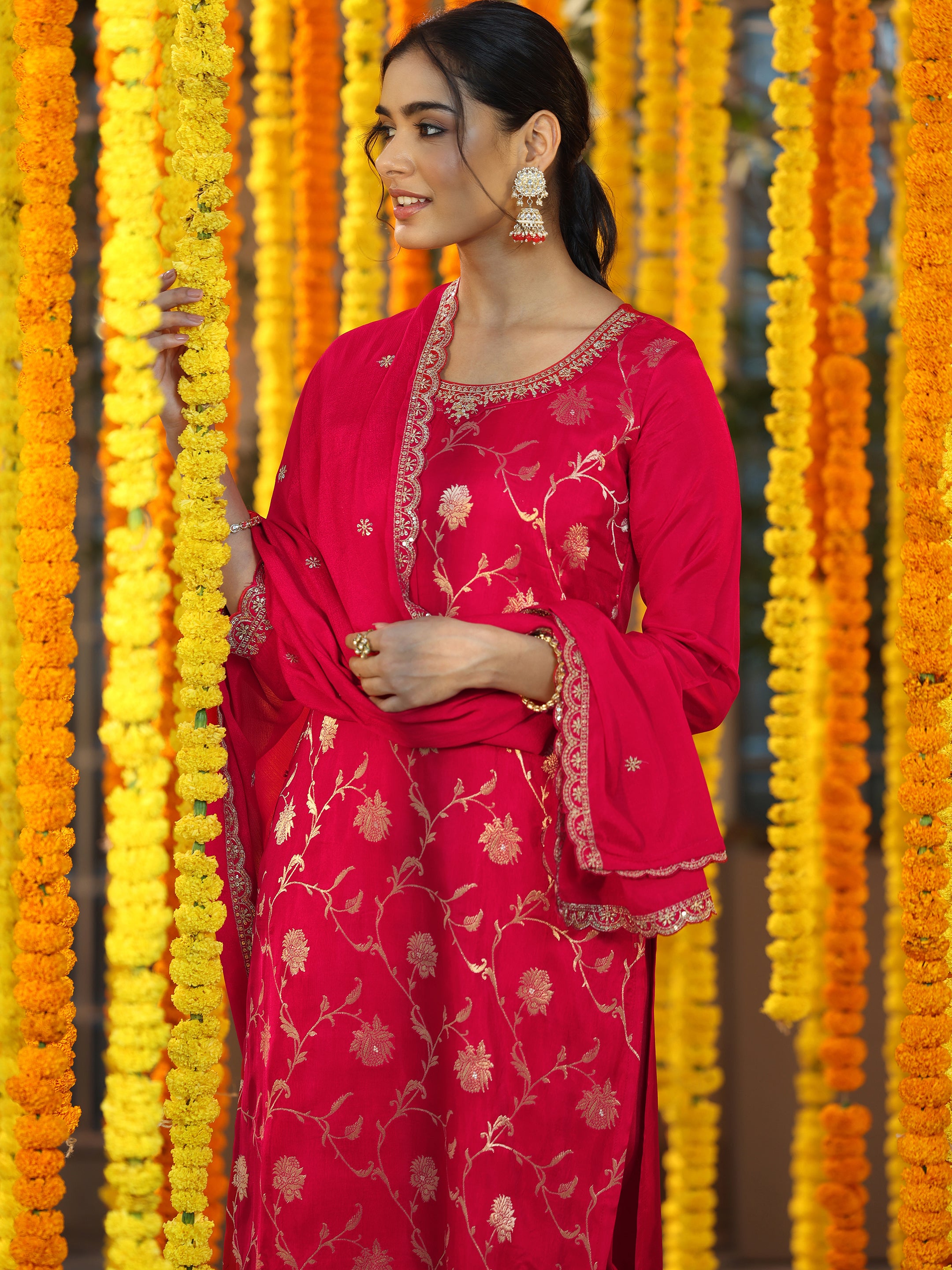 Red Woven Design Silk Blend Straight Suit With Dupatta