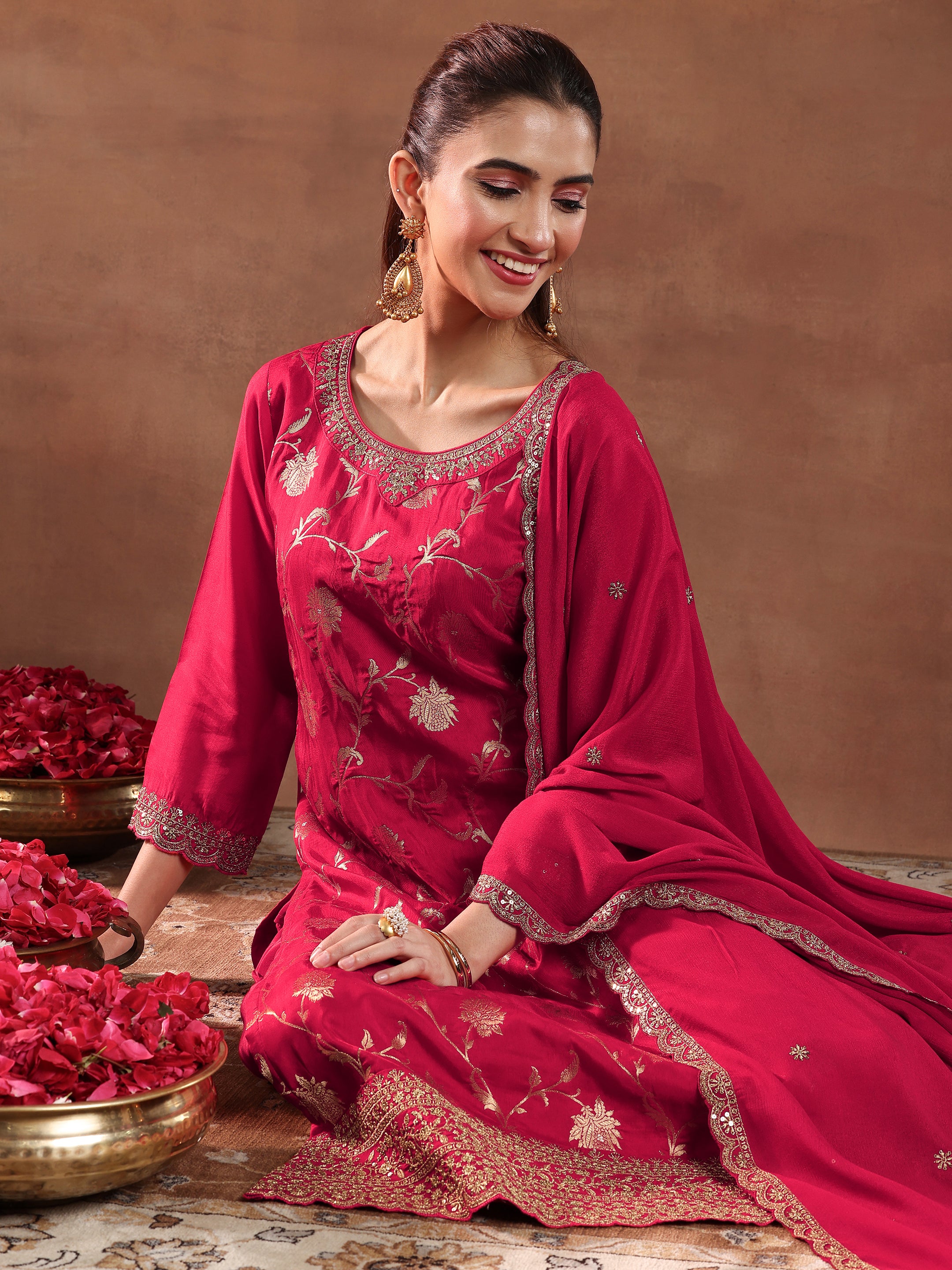 Red Woven Design Silk Blend Straight Suit With Dupatta