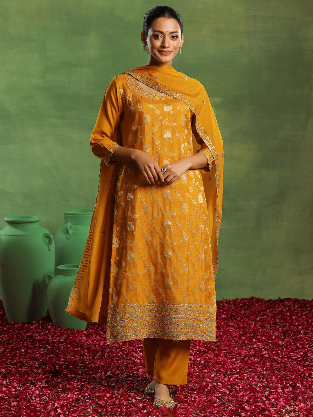 Mustard Woven Design Silk Blend Straight Suit With Dupatta