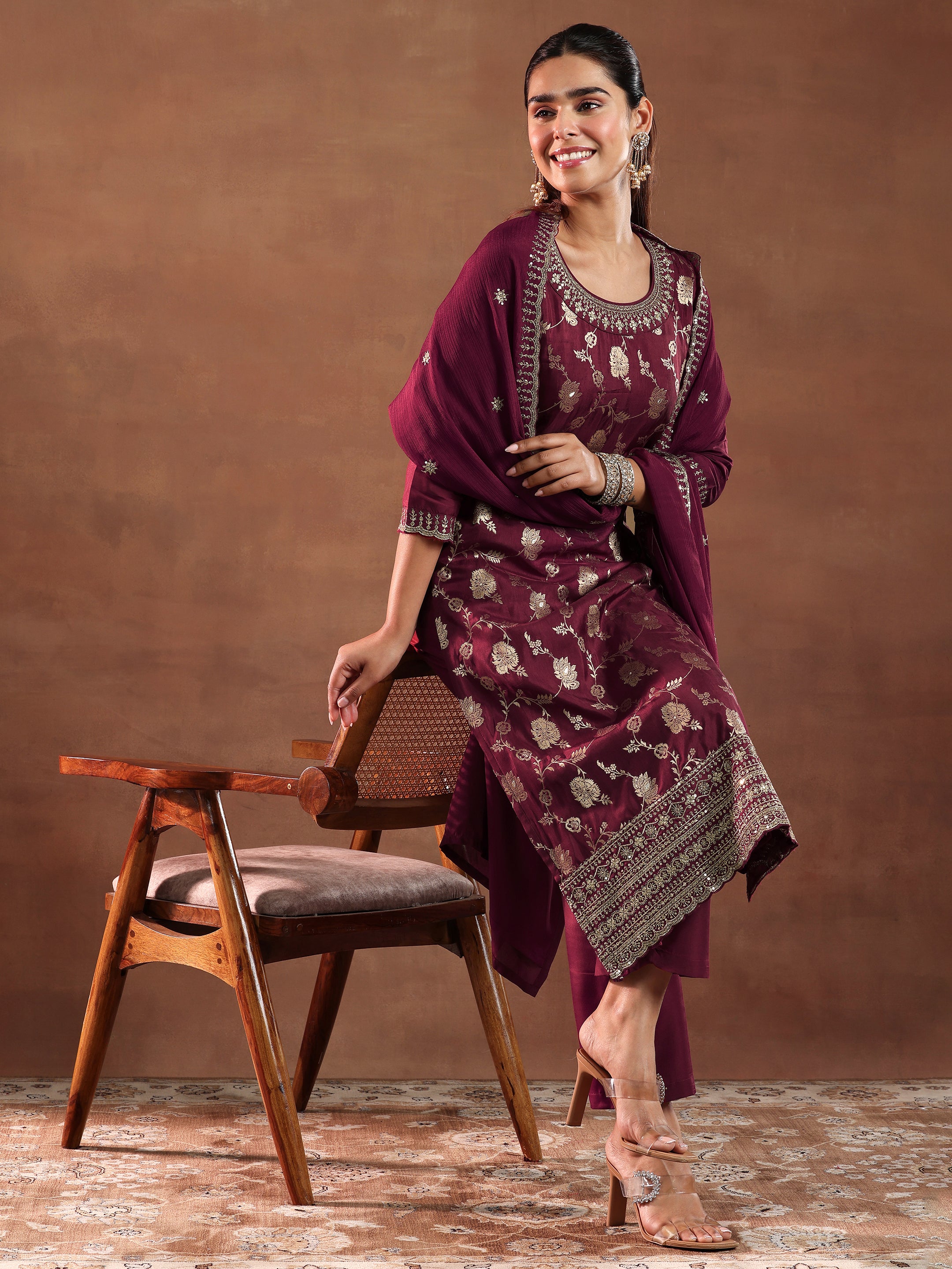 Maroon Woven Design Silk Blend Straight Suit With Dupatta