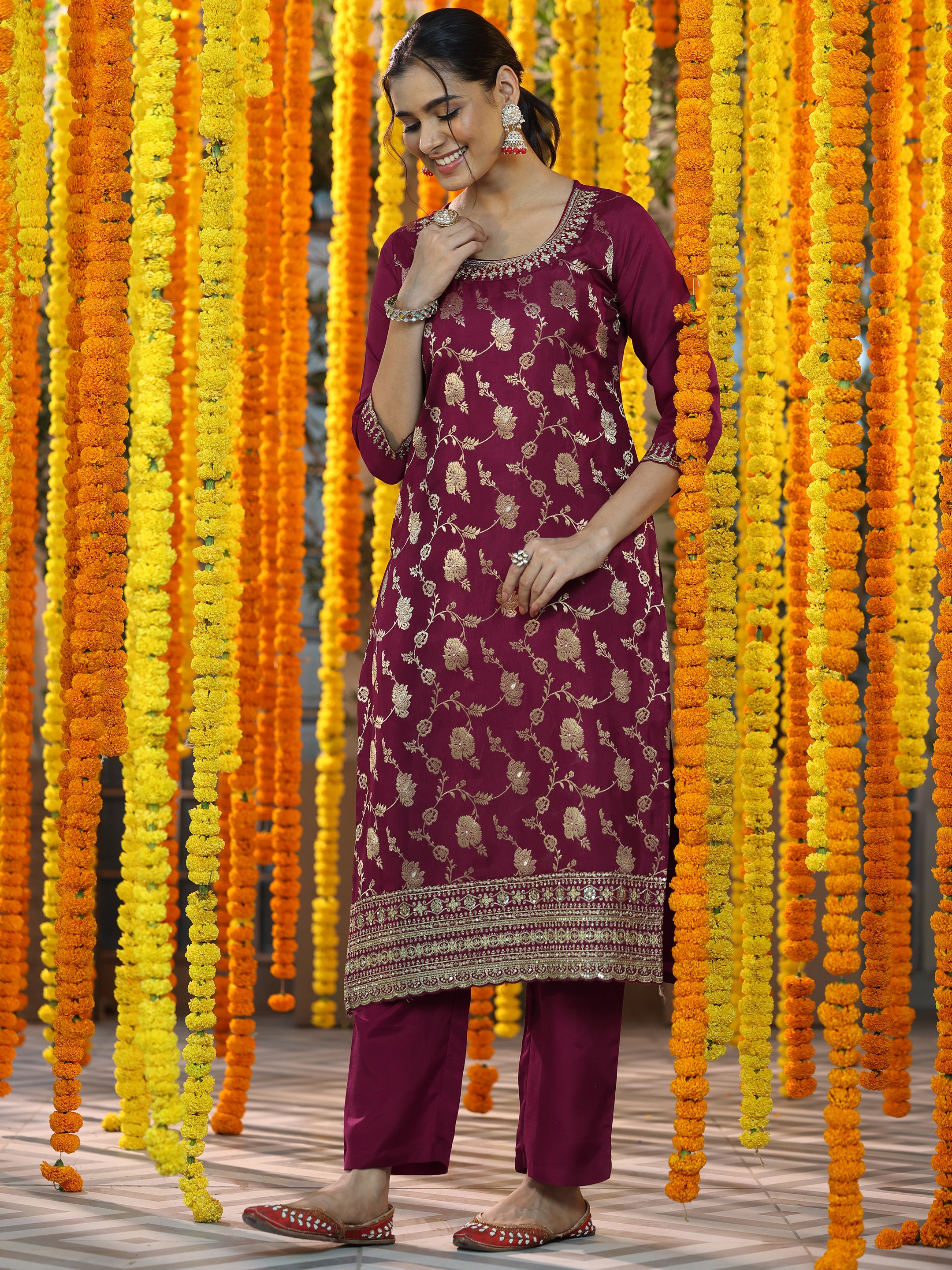 Maroon Woven Design Silk Blend Straight Suit With Dupatta