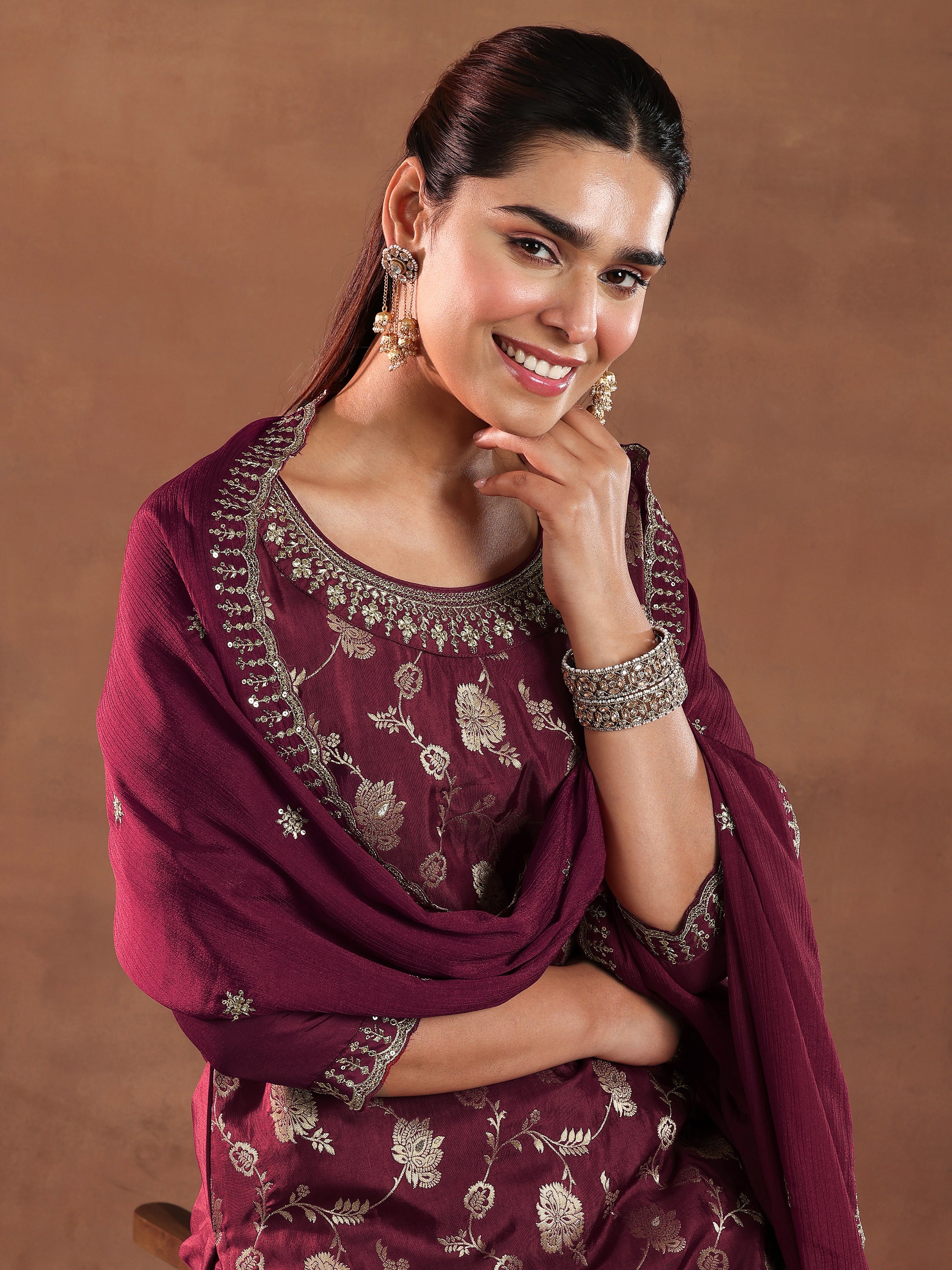 Maroon Woven Design Silk Blend Straight Suit With Dupatta