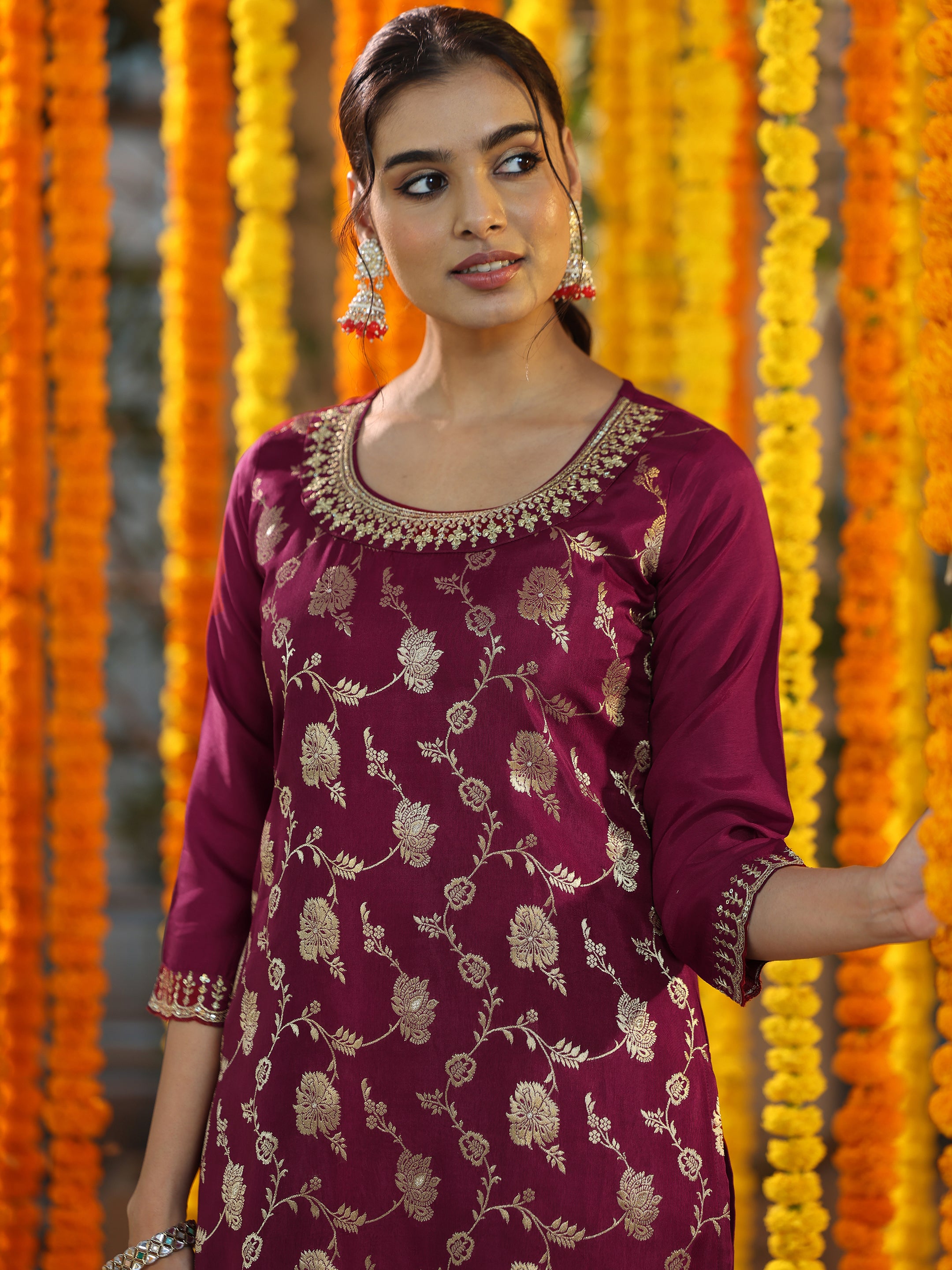 Maroon Woven Design Silk Blend Straight Suit With Dupatta