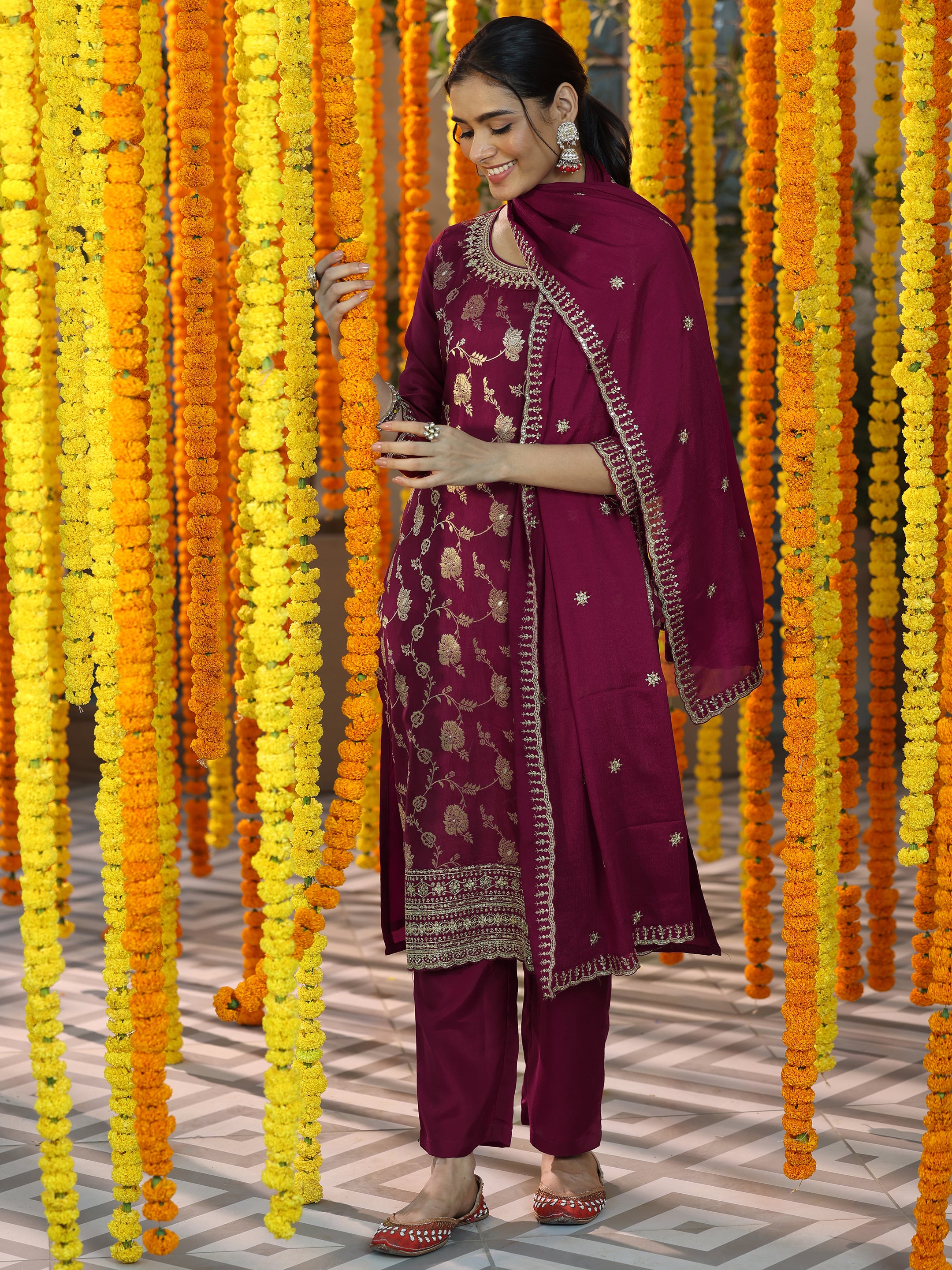 Maroon Woven Design Silk Blend Straight Suit With Dupatta