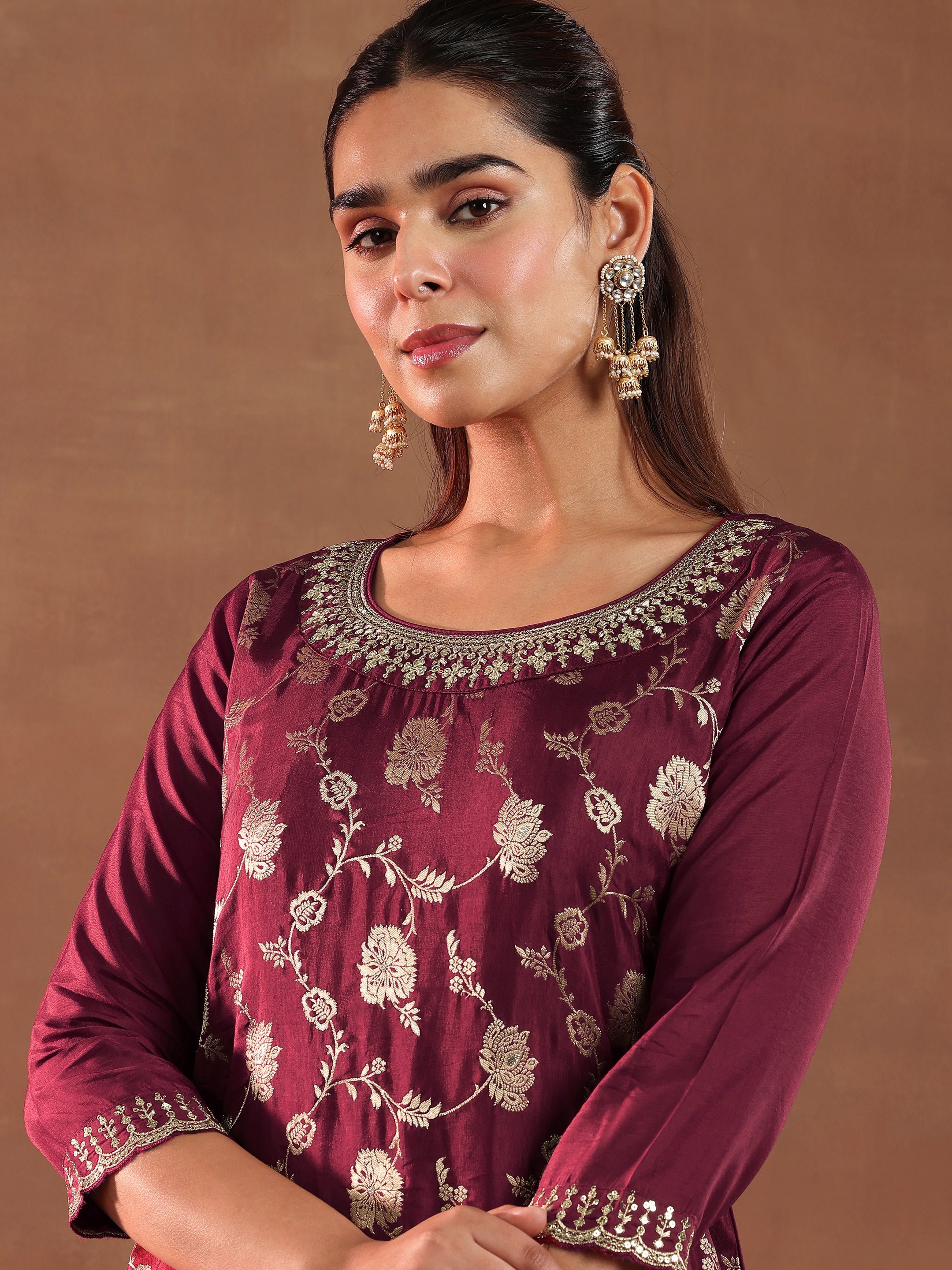 Maroon Woven Design Silk Blend Straight Suit With Dupatta