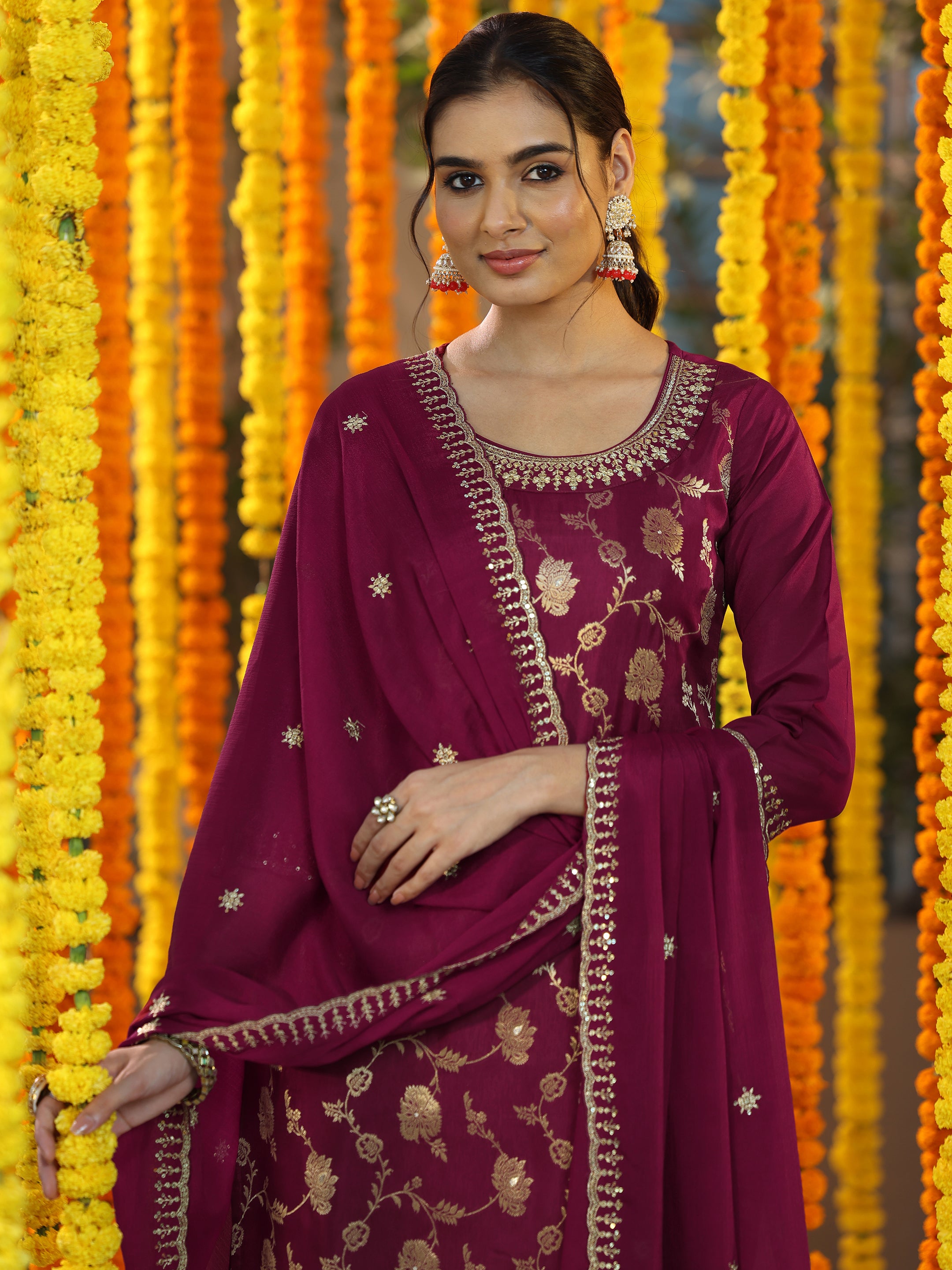 Maroon Woven Design Silk Blend Straight Suit With Dupatta