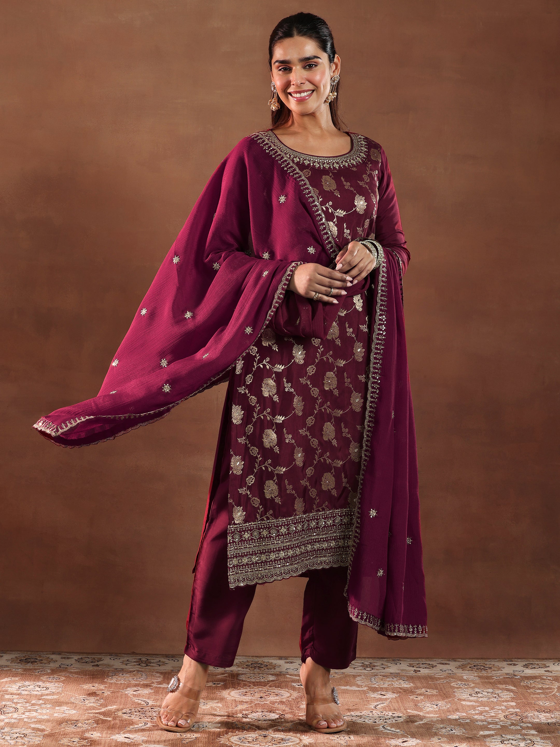 Maroon Woven Design Silk Blend Straight Suit With Dupatta