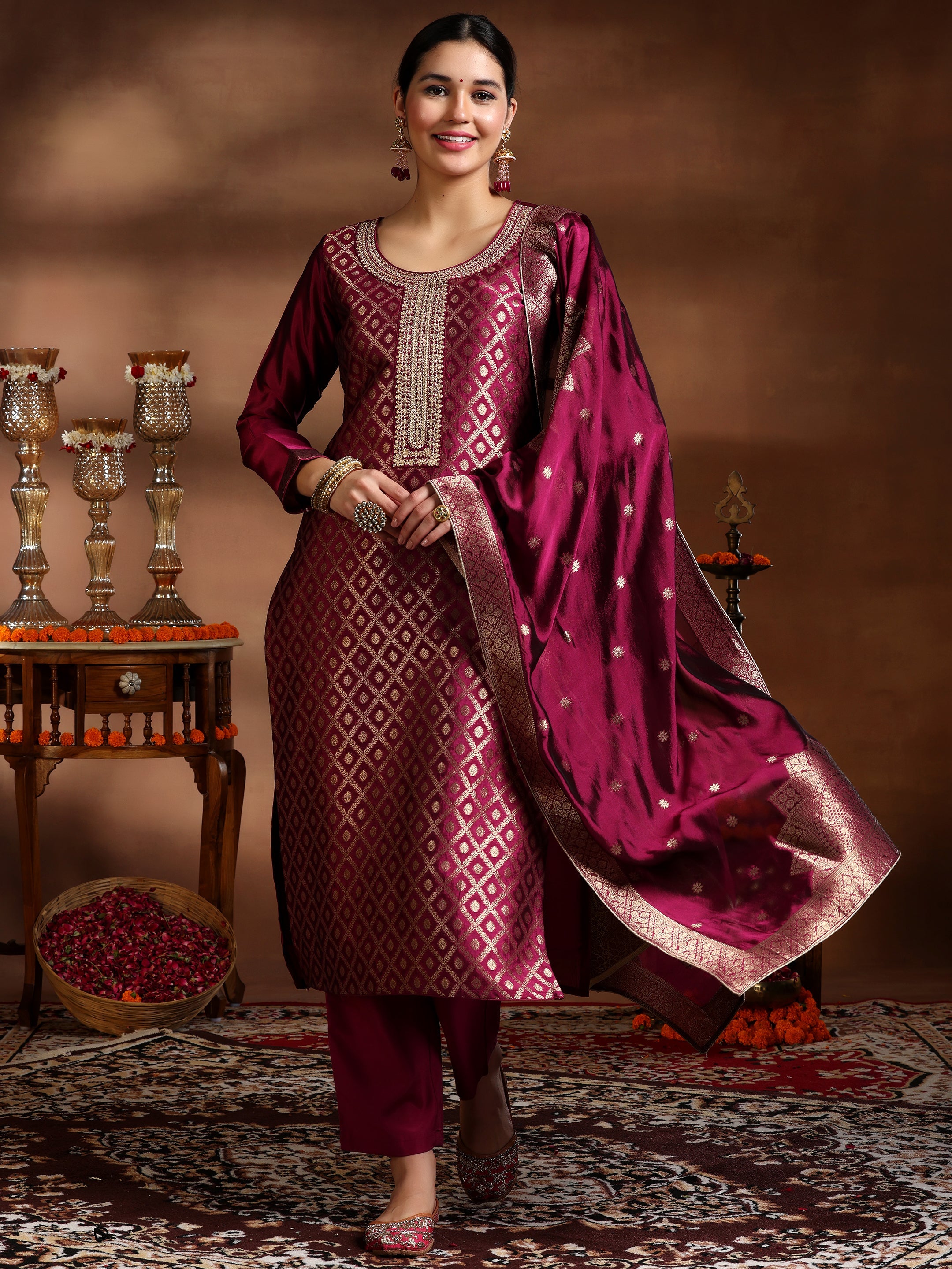 Magenta Woven Design Silk Blend Straight Suit With Dupatta