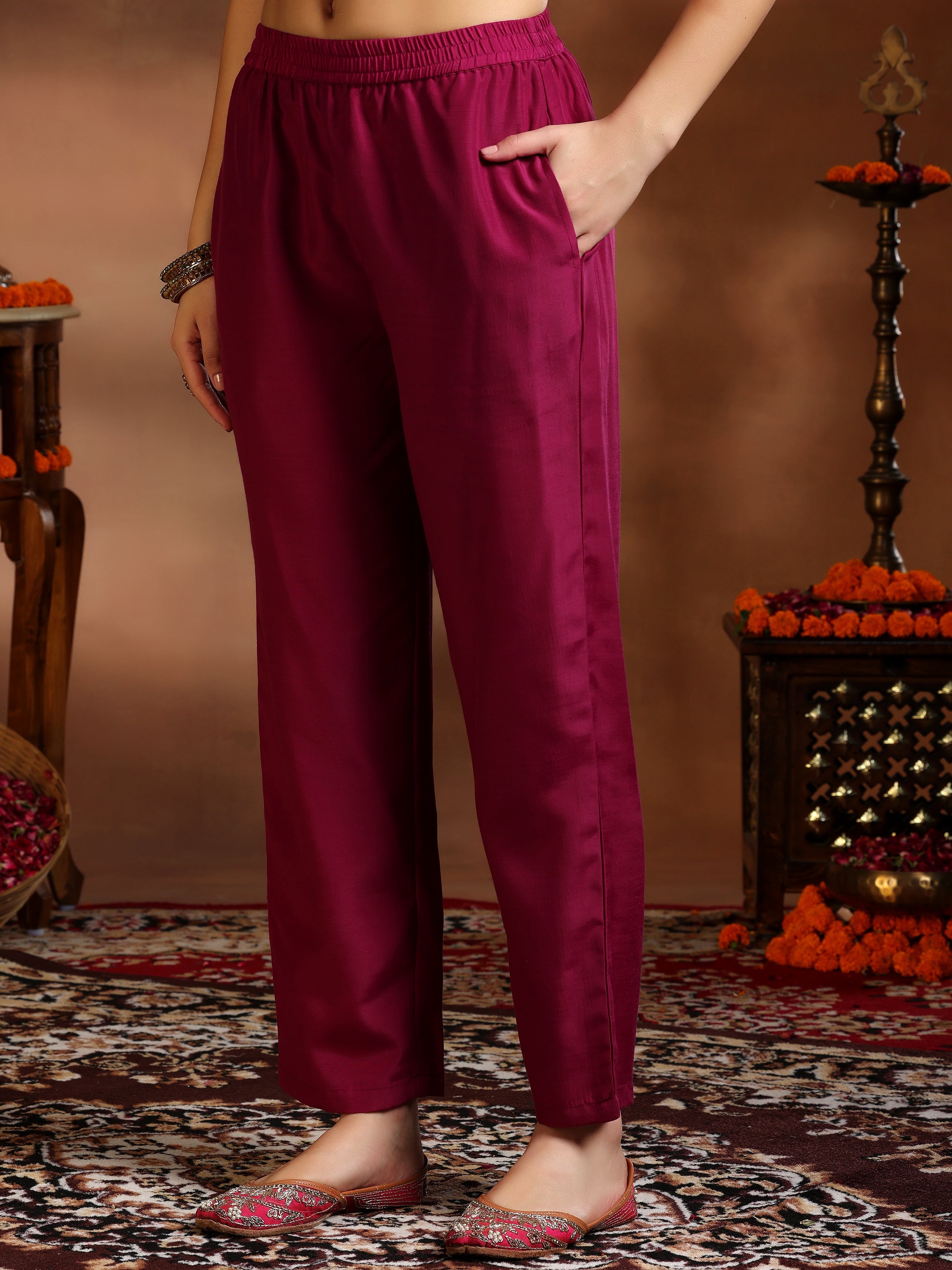 Magenta Woven Design Silk Blend Straight Suit With Dupatta