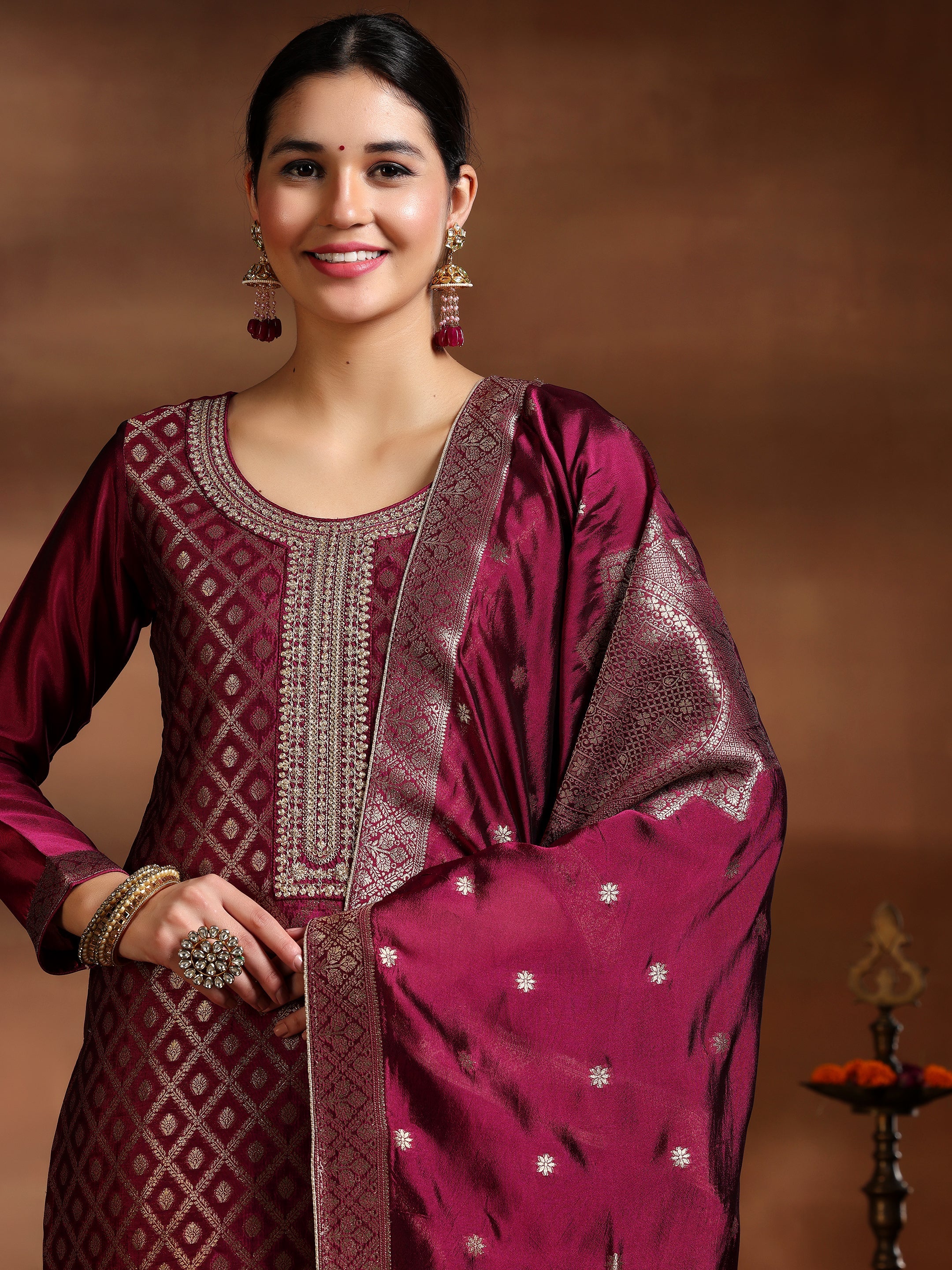 Magenta Woven Design Silk Blend Straight Suit With Dupatta