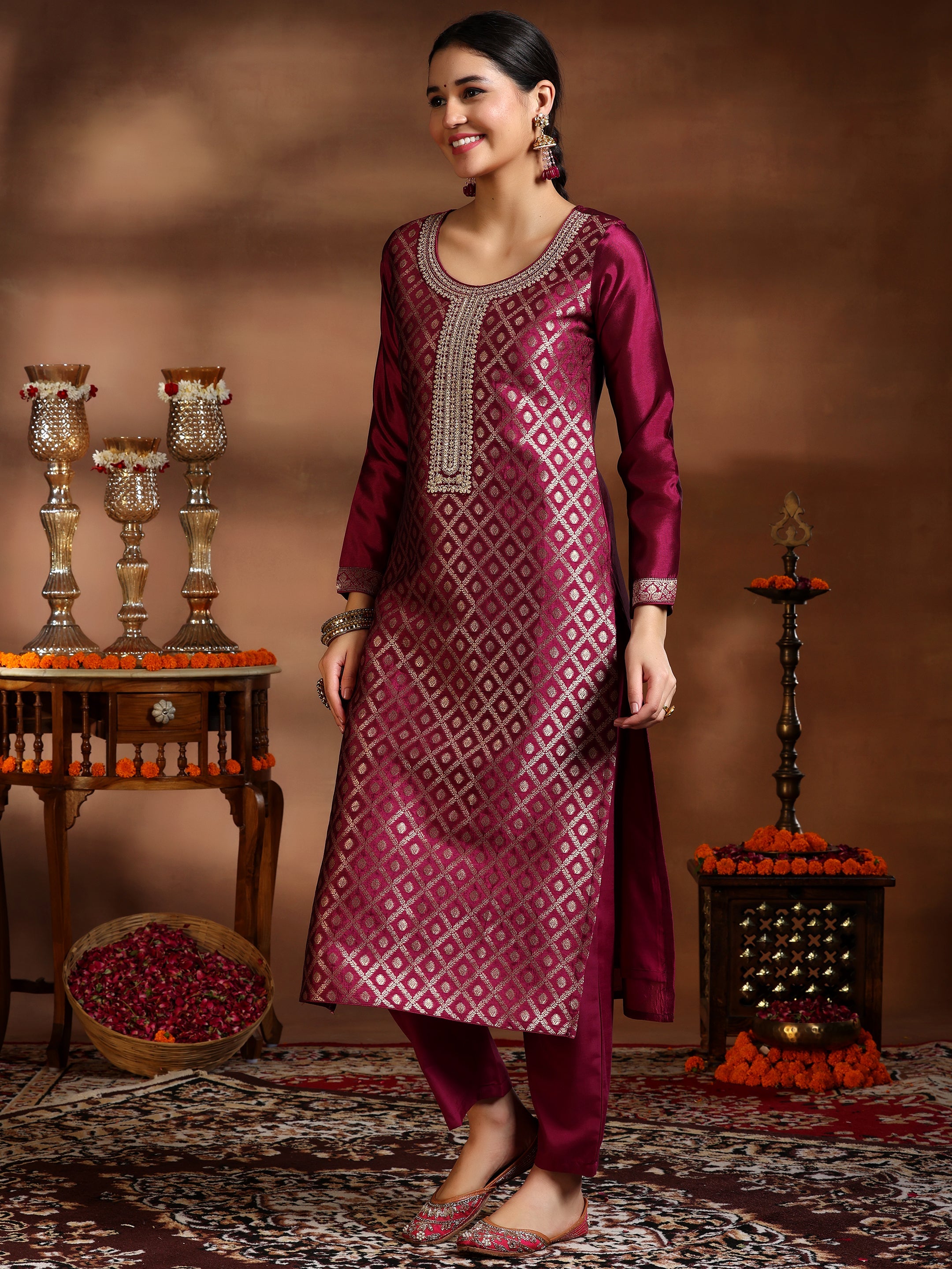 Magenta Woven Design Silk Blend Straight Suit With Dupatta