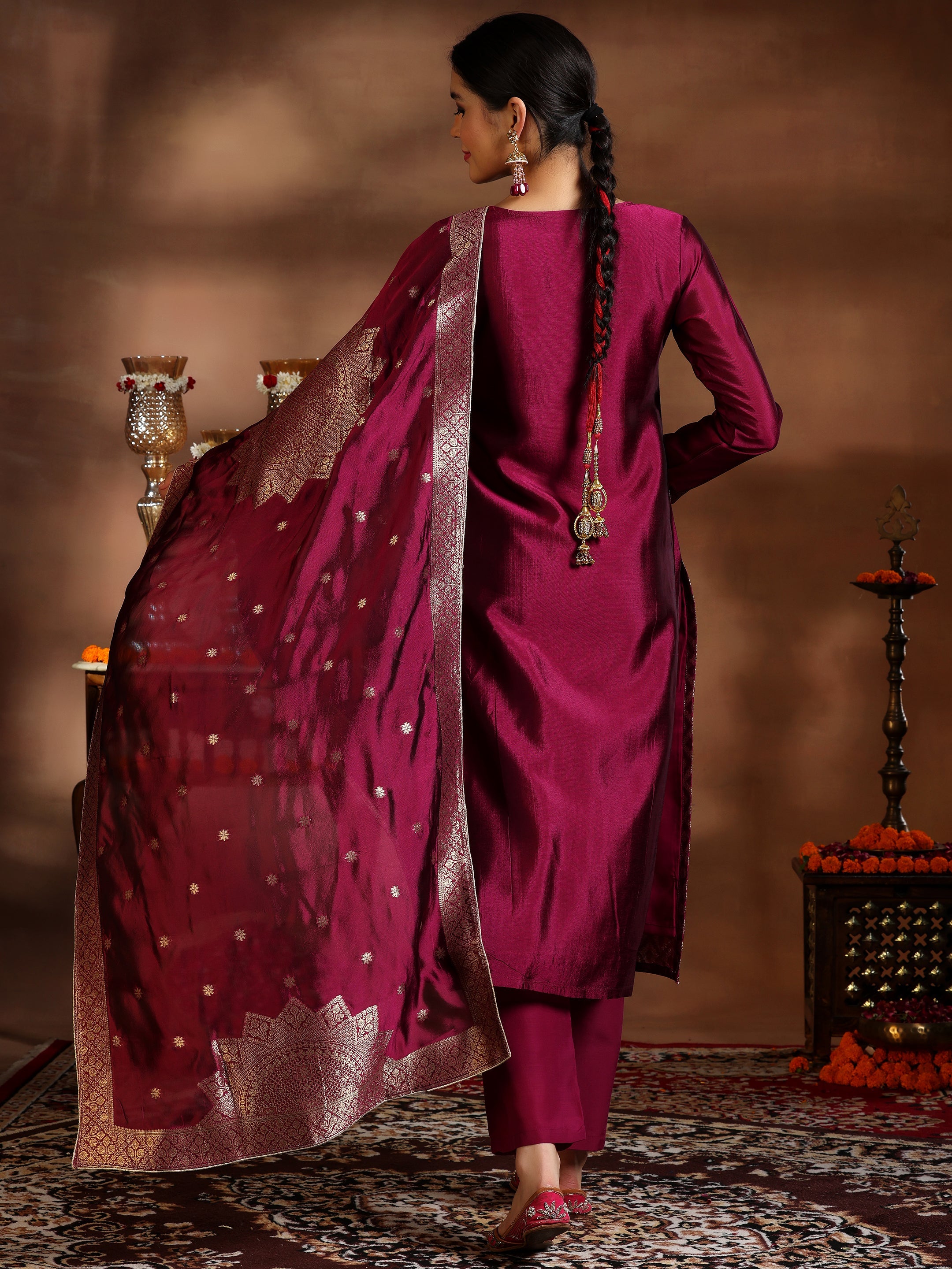 Magenta Woven Design Silk Blend Straight Suit With Dupatta