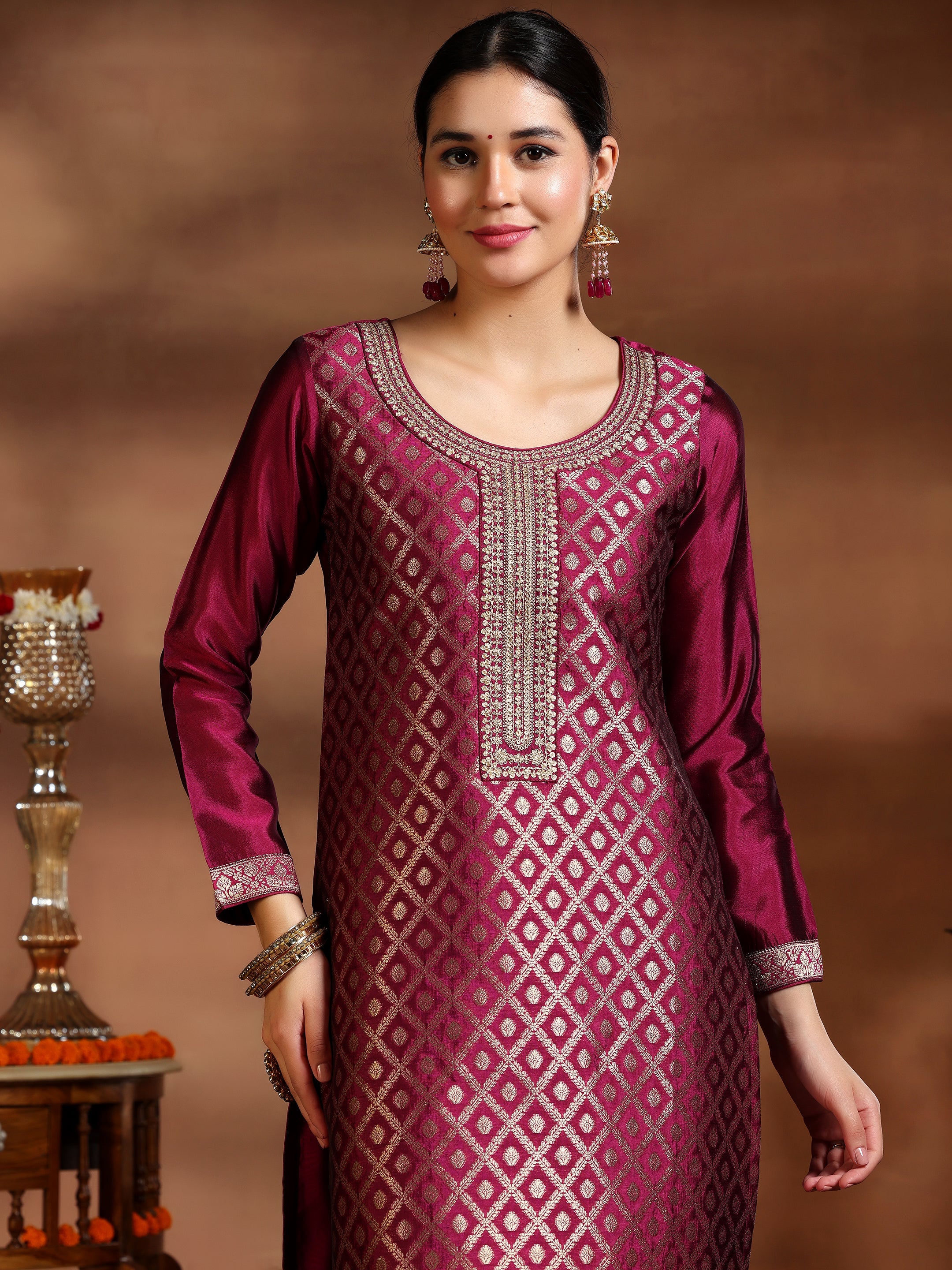 Magenta Woven Design Silk Blend Straight Suit With Dupatta