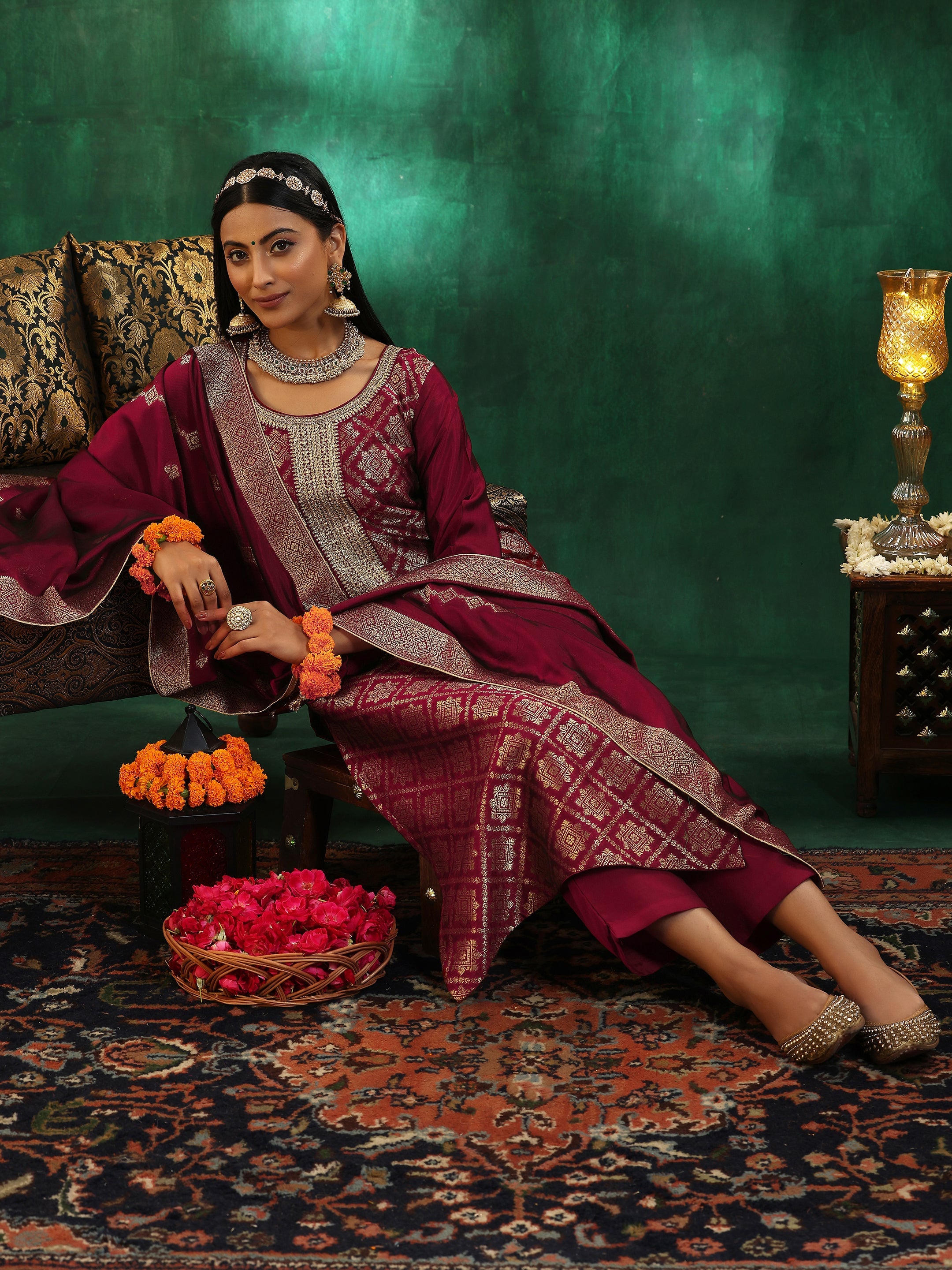 Maroon Woven Design Silk Blend Straight Suit With Dupatta