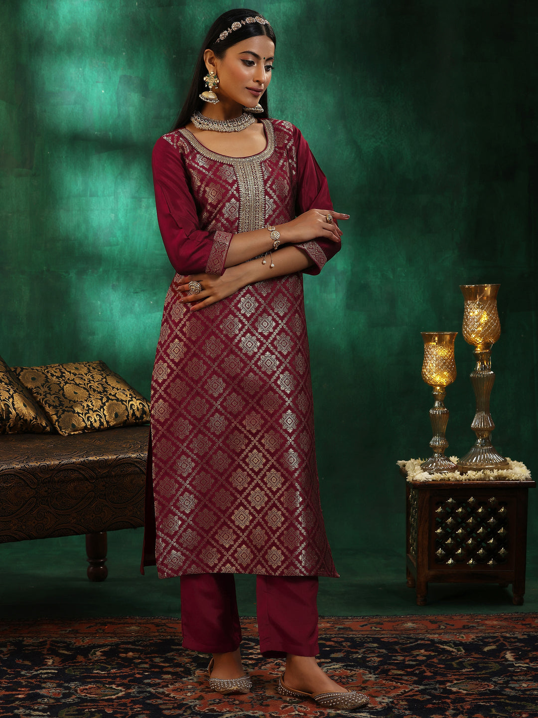 Maroon Woven Design Silk Blend Straight Suit With Dupatta