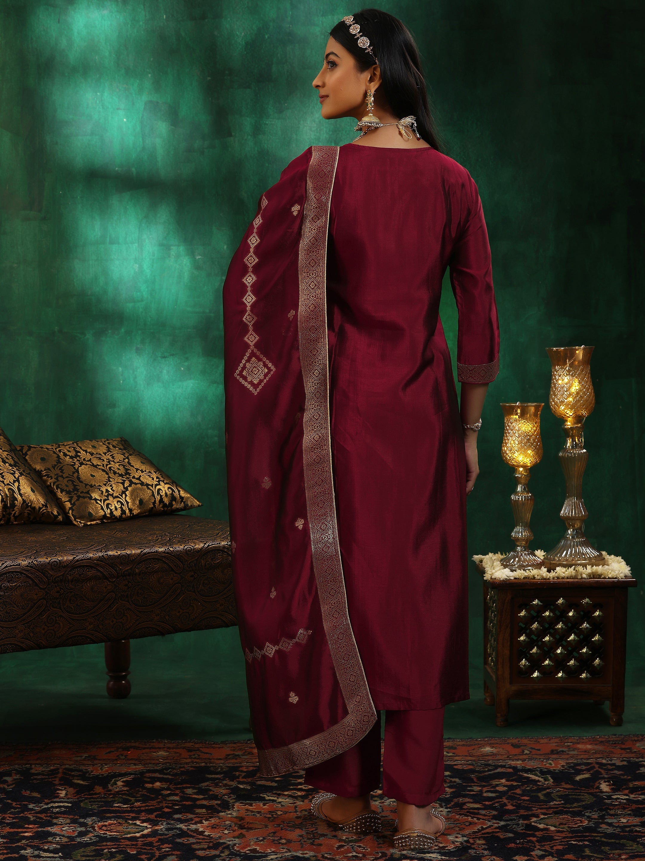 Maroon Woven Design Silk Blend Straight Suit With Dupatta